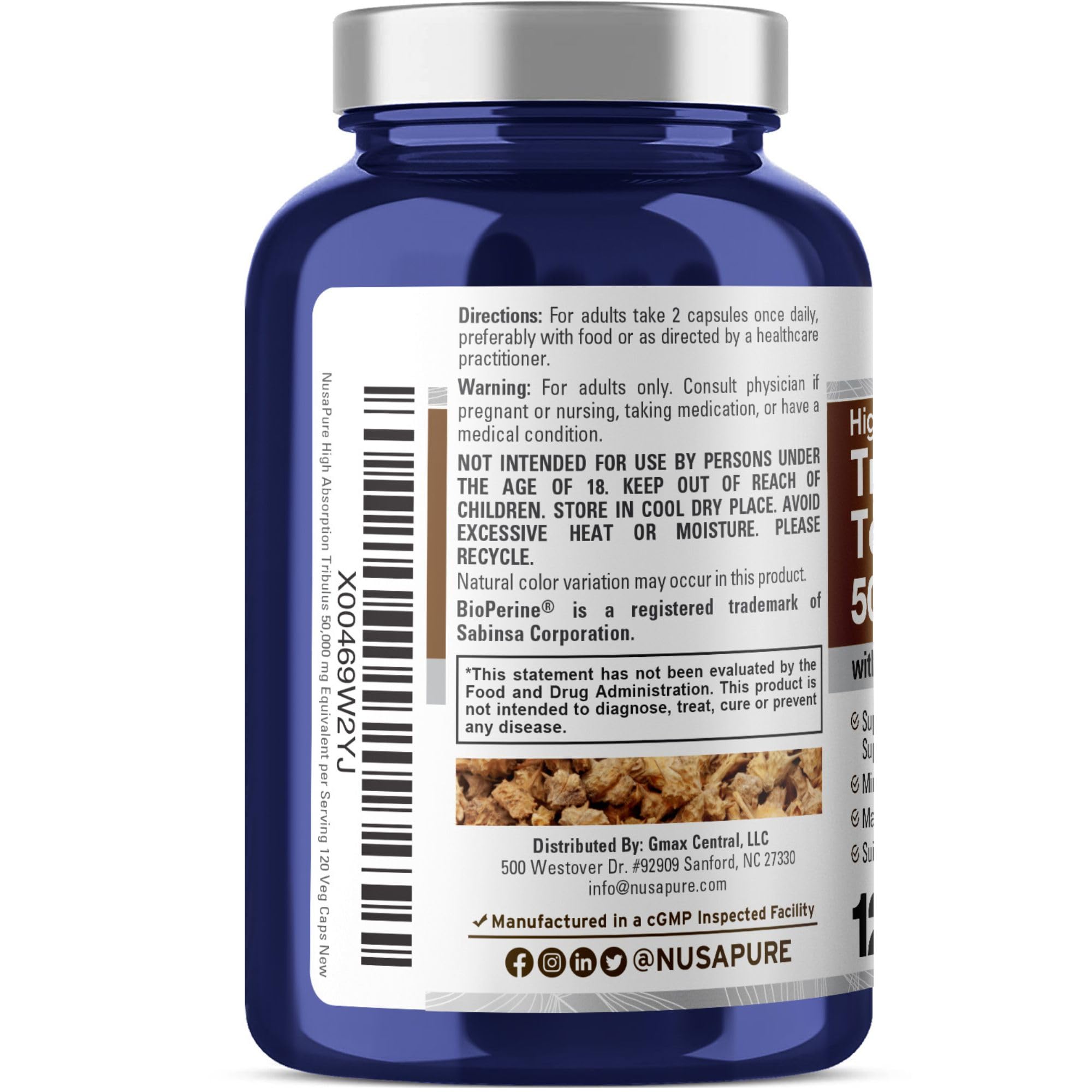 Etiqueta de NusaPure que destaca calidad y cumplimiento cGMP