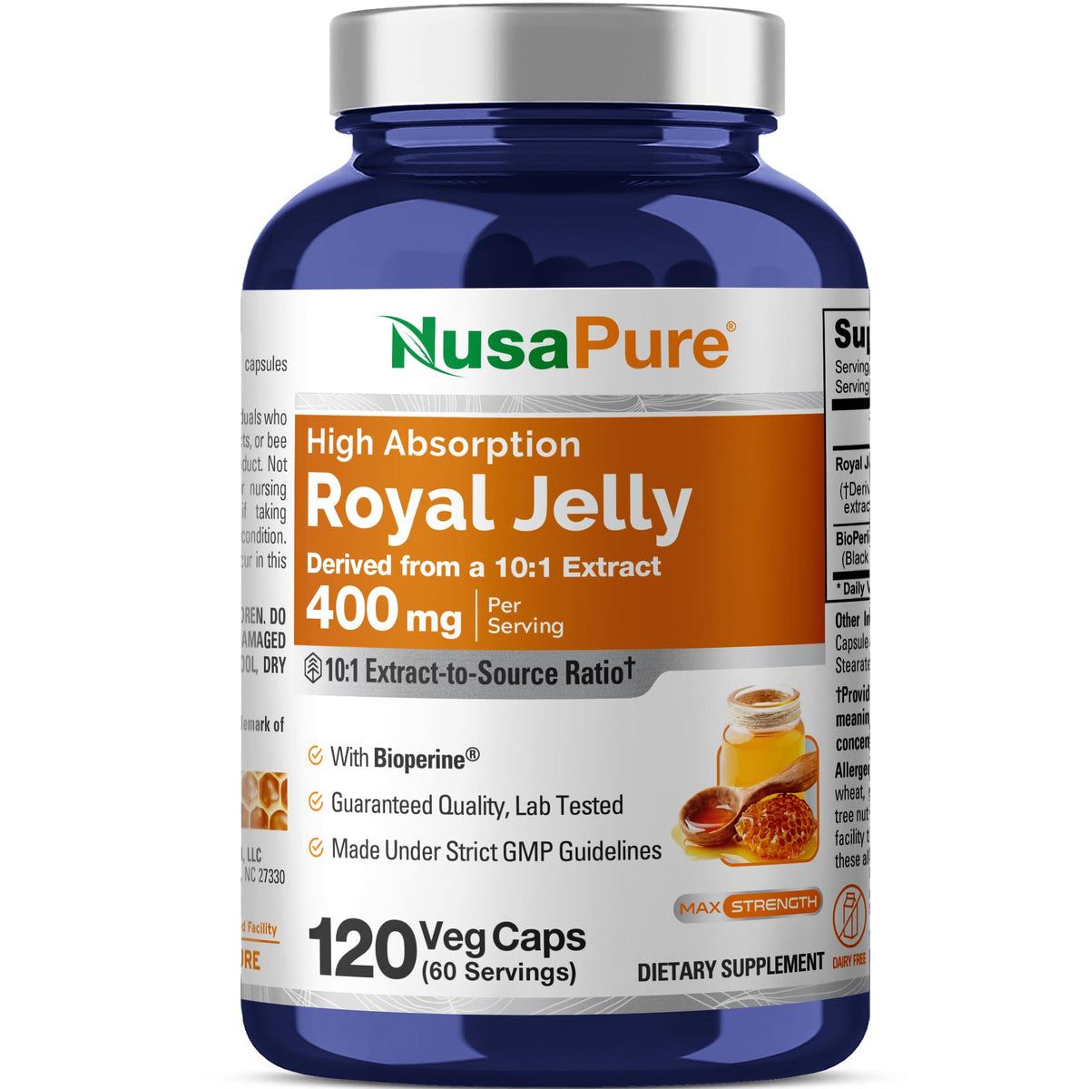 Nusapura Royal Jelly: cápsulas de 400 mg en envase práctico para uso diario.
