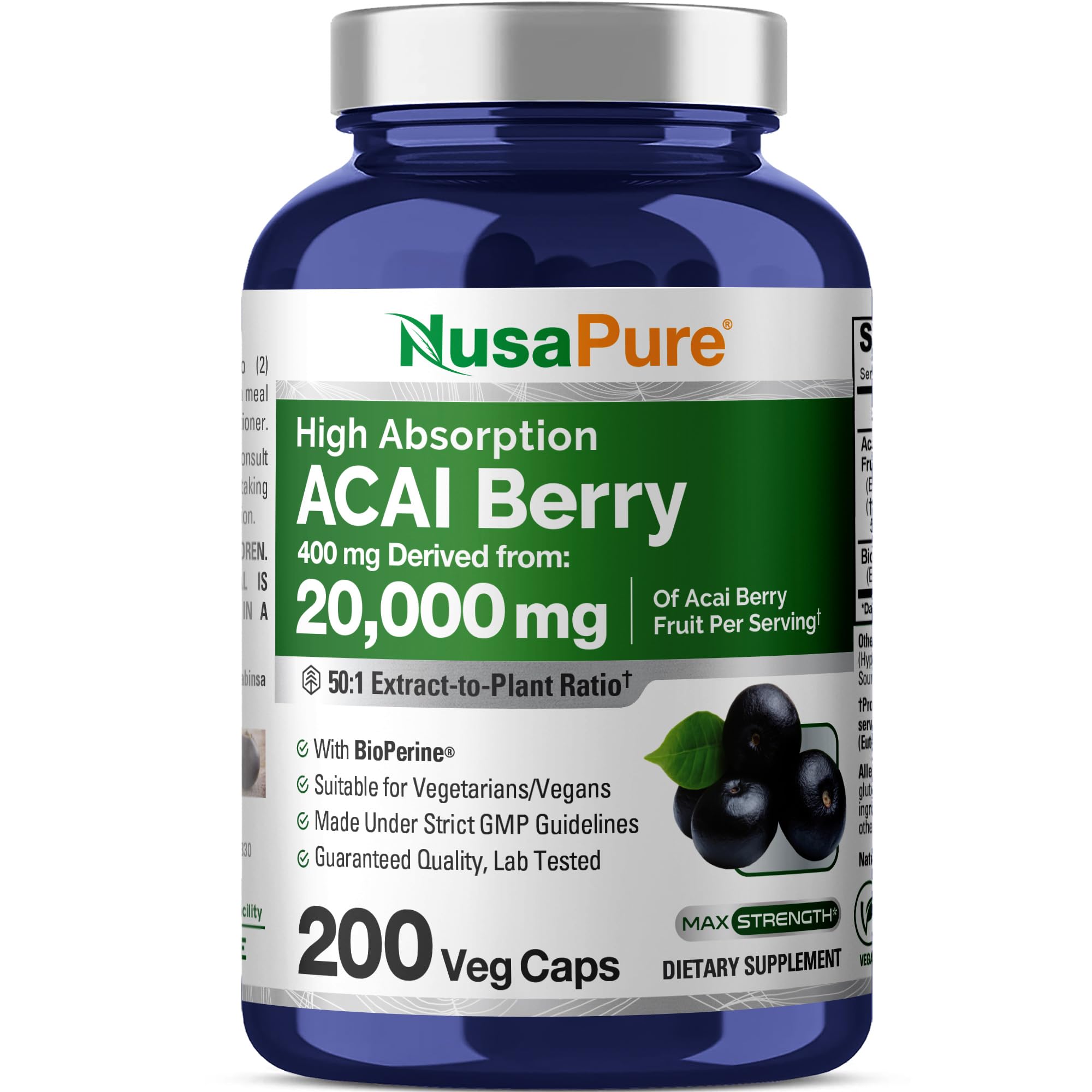 NusaPure Acai 50:1 cápsulas veganas, fáciles de tomar para uso diario.