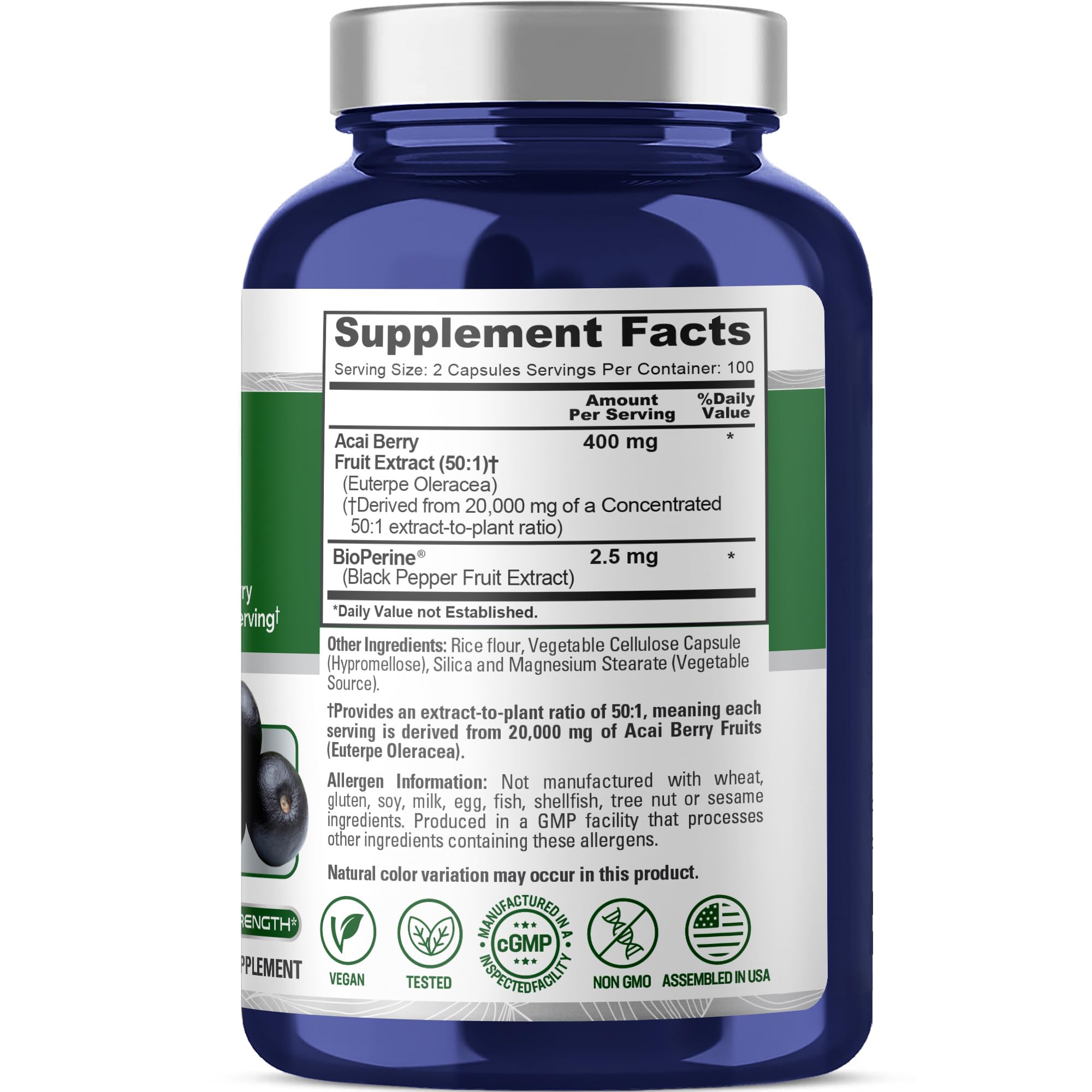 NusaPure Acai 50:1 bote de cápsulas veganas, práctica para rutinas diarias.