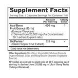 NusaPure Acai 50:1 etiqueta y empaque, información clara para consumo responsable.