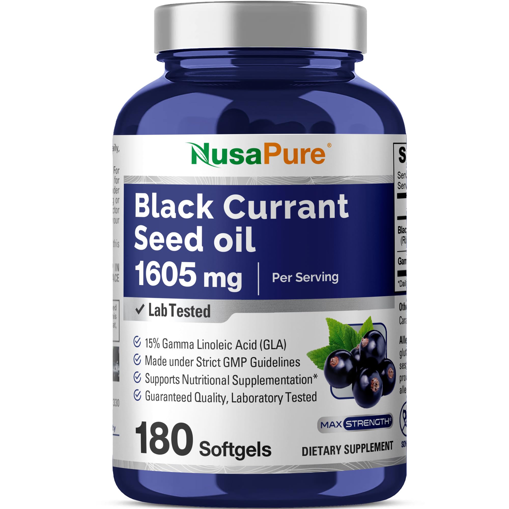 NusaPure Aceite de grosella negra en botella para bienestar diario.
