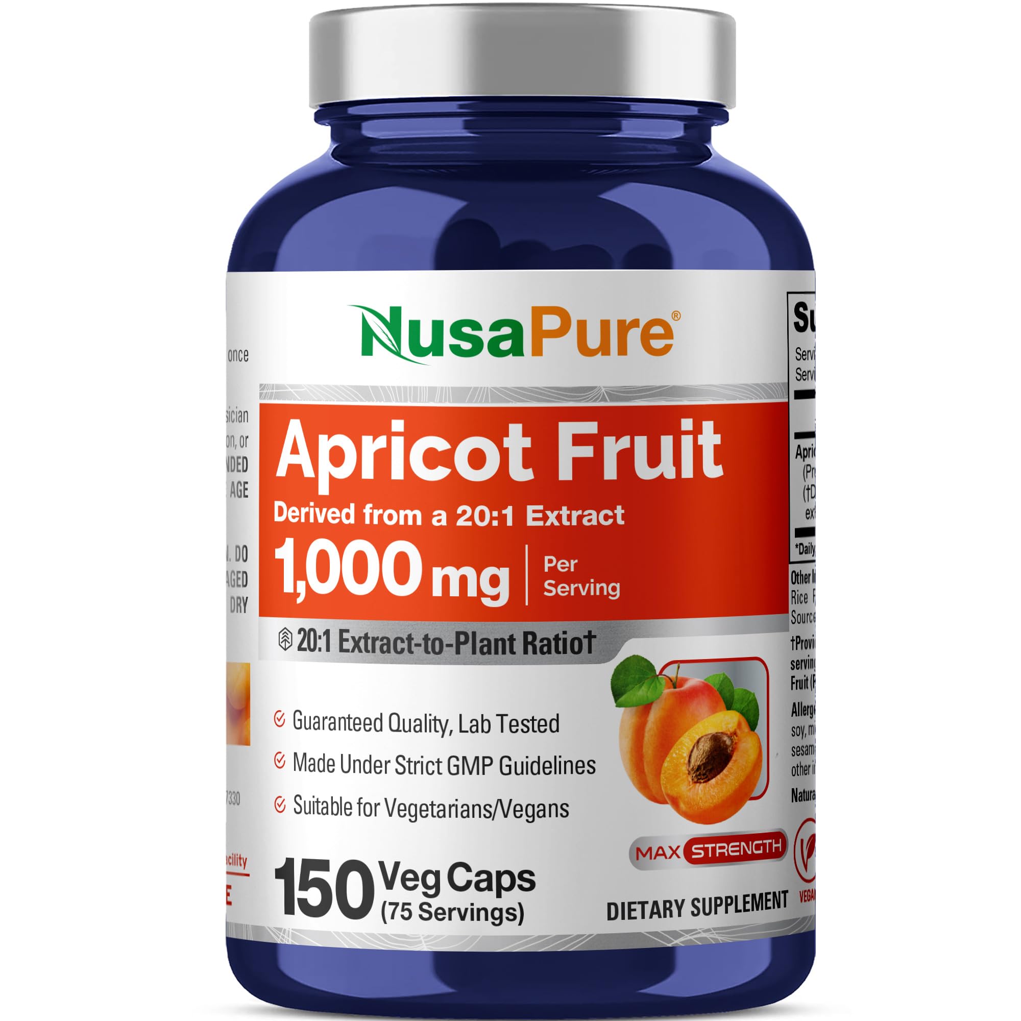 NusaPure albaricoque 1000mg: extracto 20:1 visible en cápsulas para uso diario.