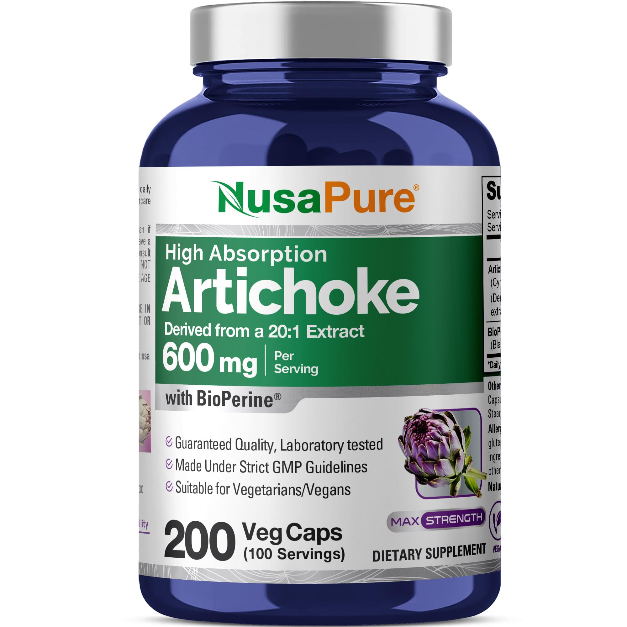 NusaPure Alcachofa 20:1 en envase, cápsulas vegetales fáciles de tomar