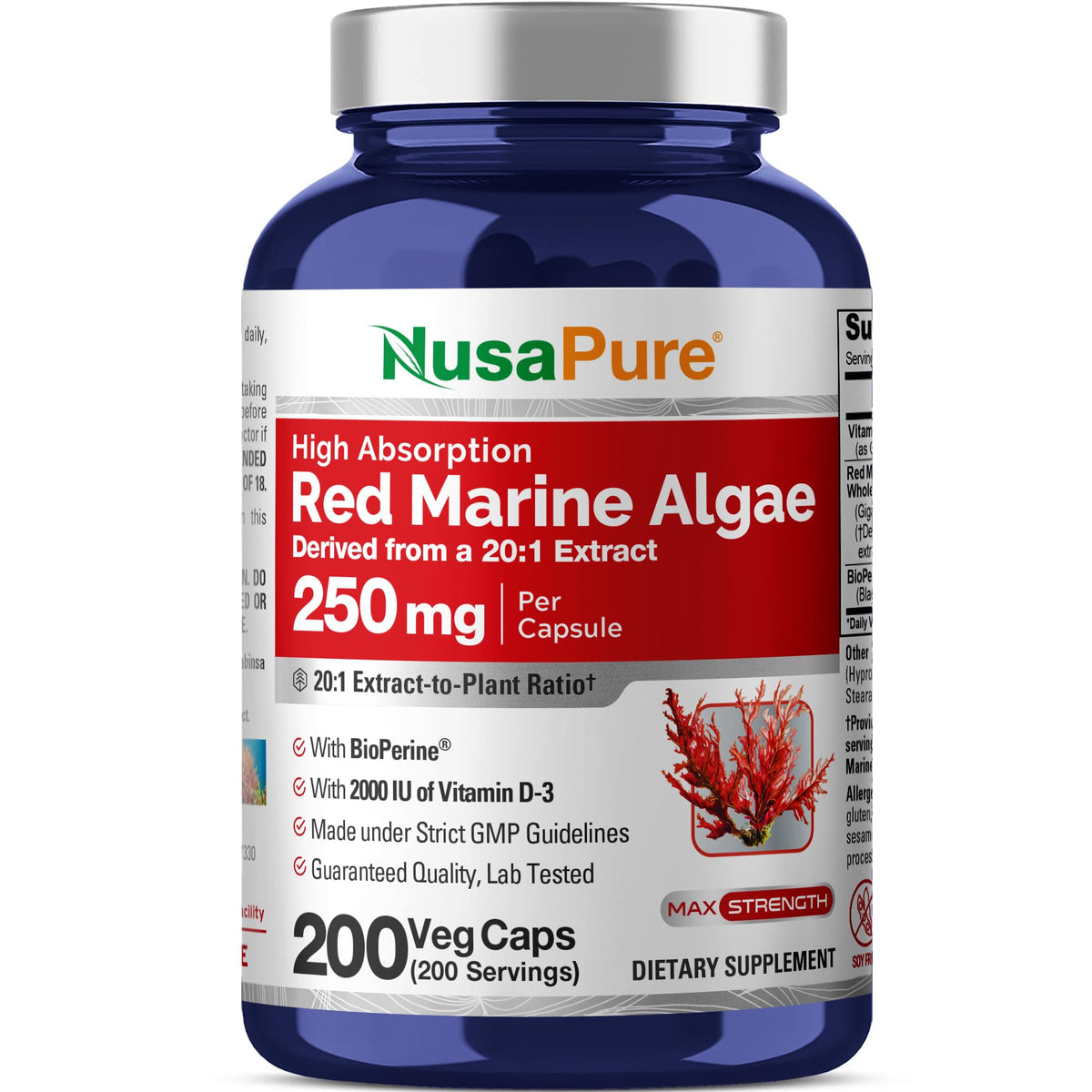 NusaPure alga roja en cápsulas de 250 mg para dieta vegetariana.
