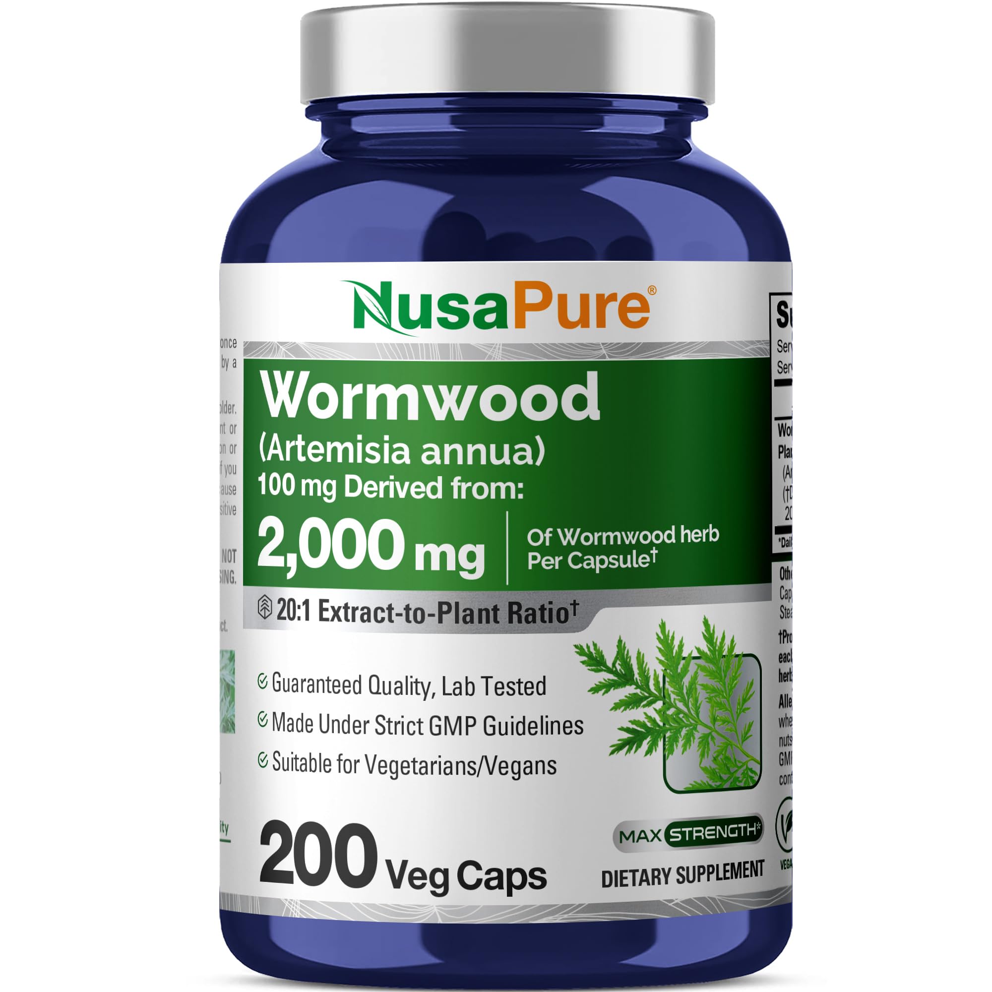 NusaPure Artemisa Annua cápsulas en botella de 2000 mg para consumo diario.