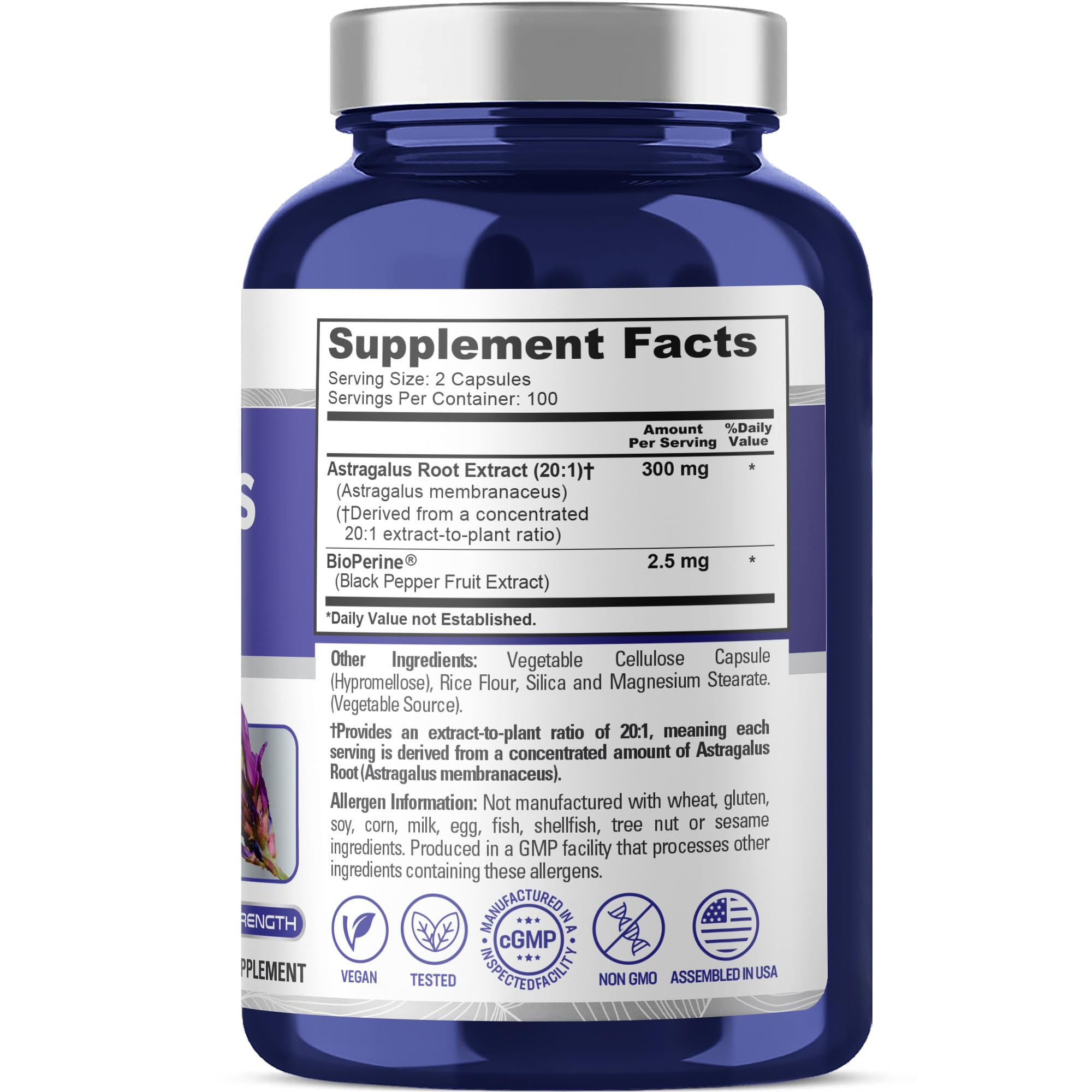NusaPure Astrágalo cápsulas de 300 mg en caja para dosificación conveniente