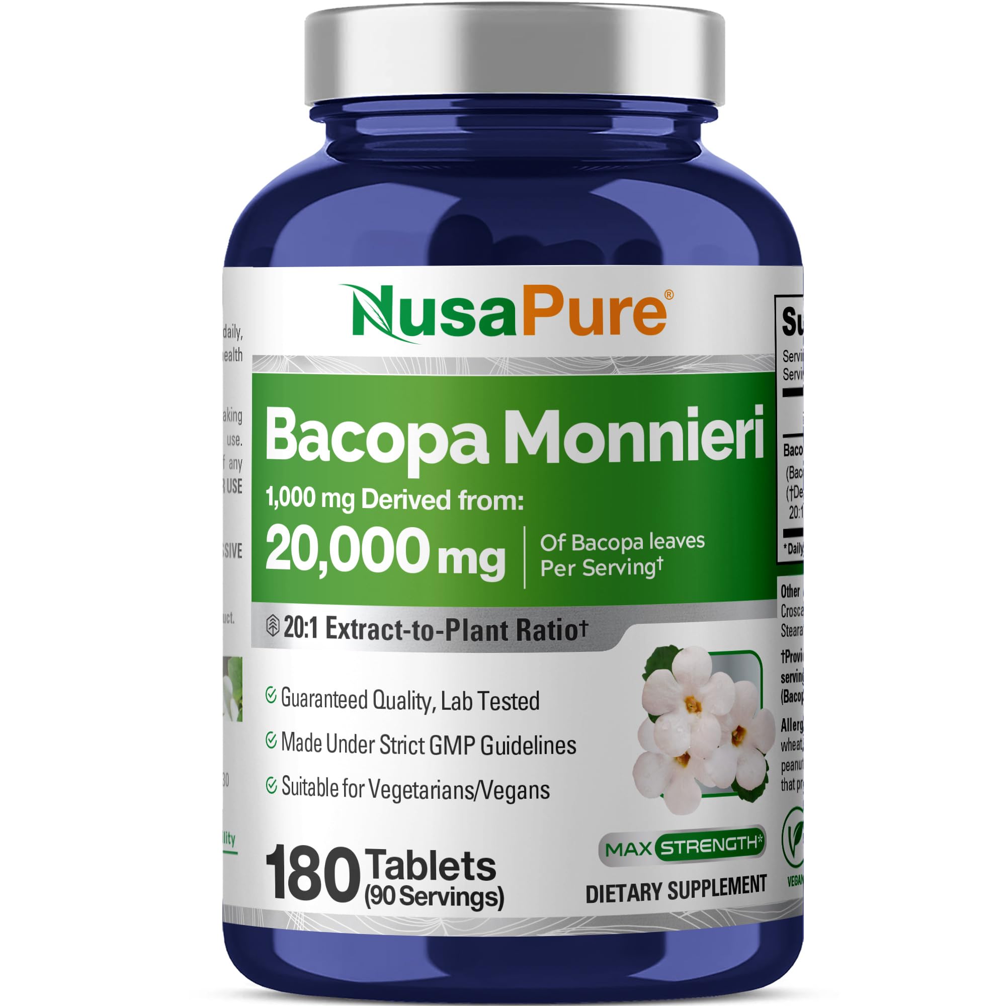 NusaPure Bacopa Hoja Monnieri, extracto 20:1, tabletas para concentración