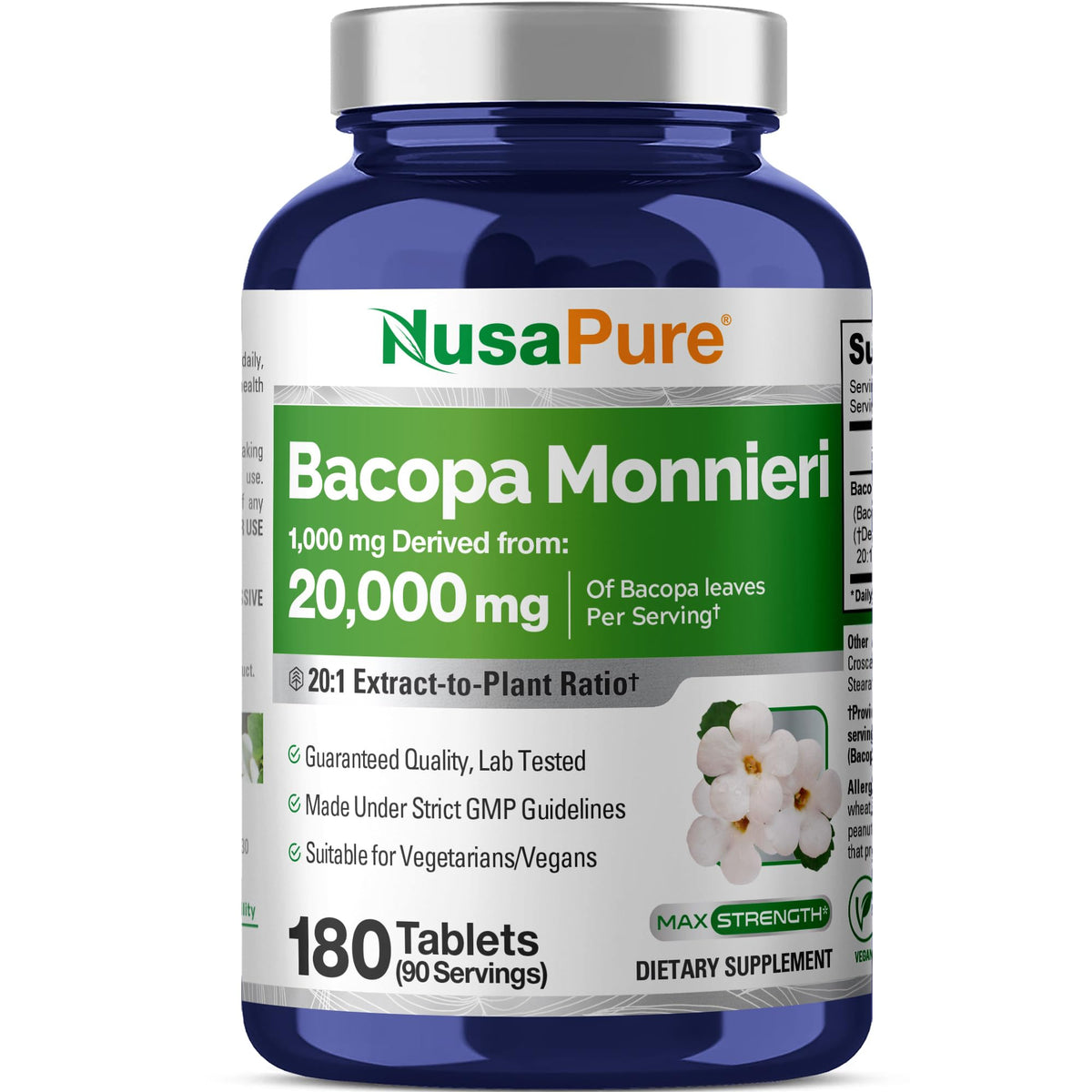 NusaPure Bacopa Hoja Monnieri, extracto 20:1, tabletas para concentración