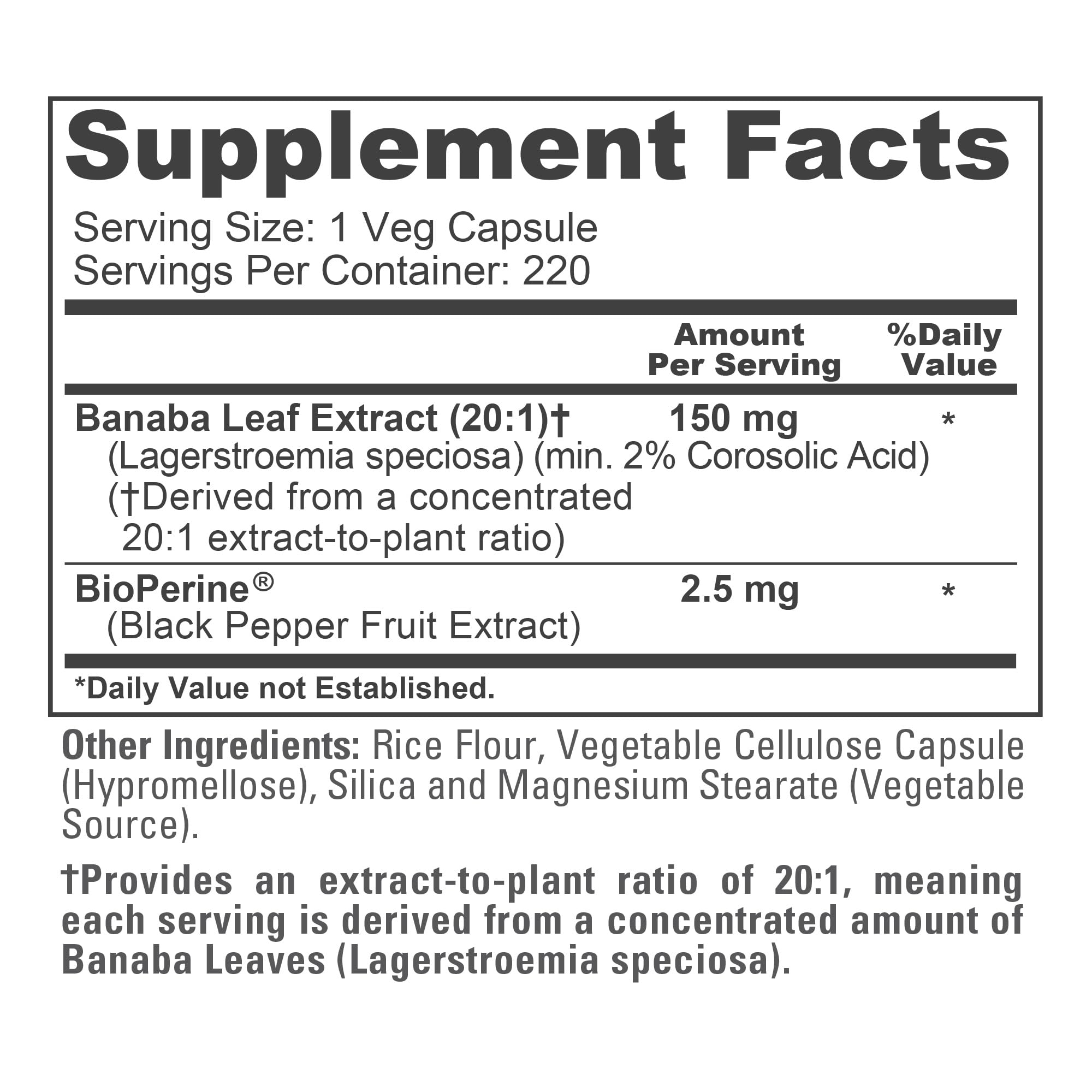 Extracto de hoja Banaba 20:1, componente principal del producto.