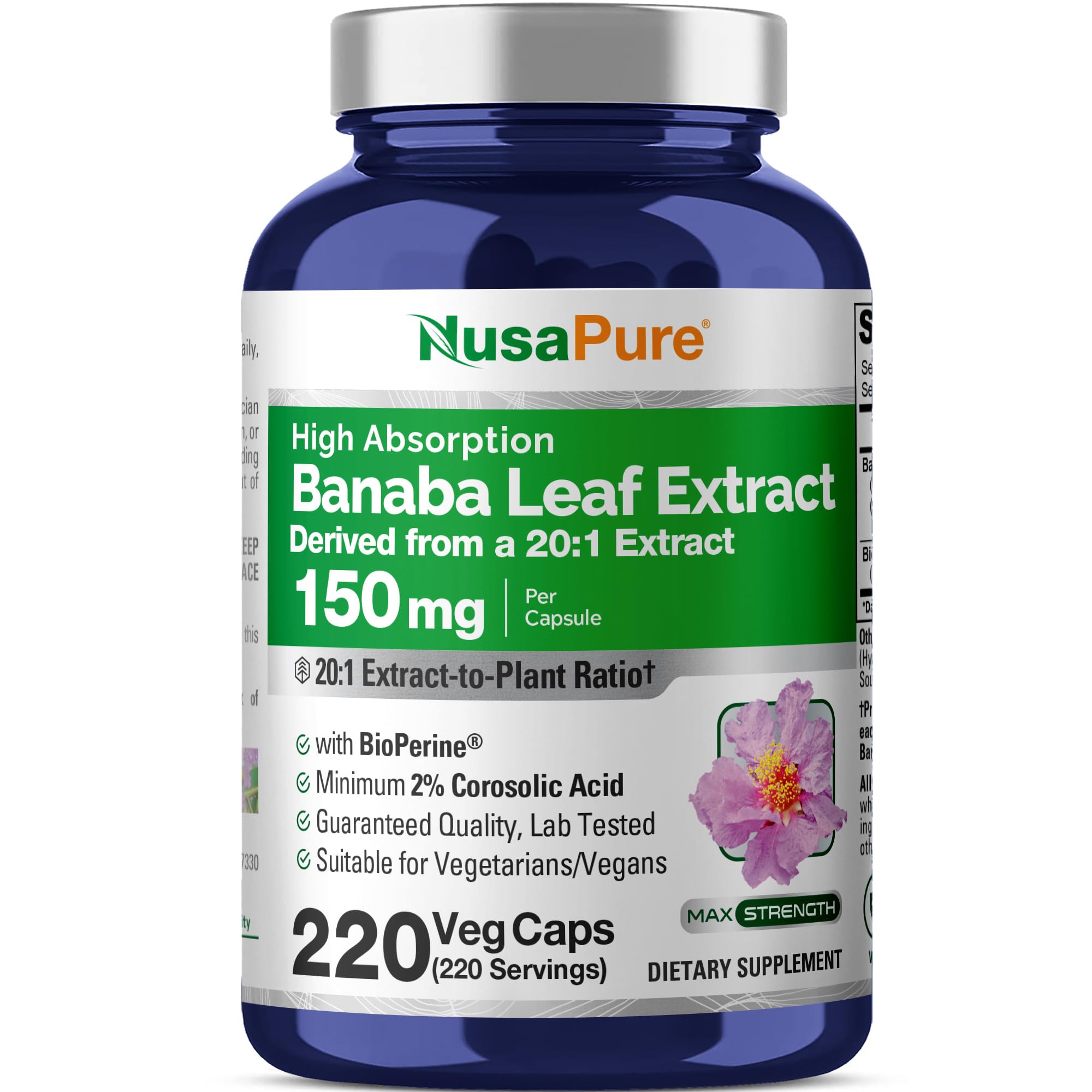 NusaPure Banaba en botella con cápsulas, conveniencia diaria.