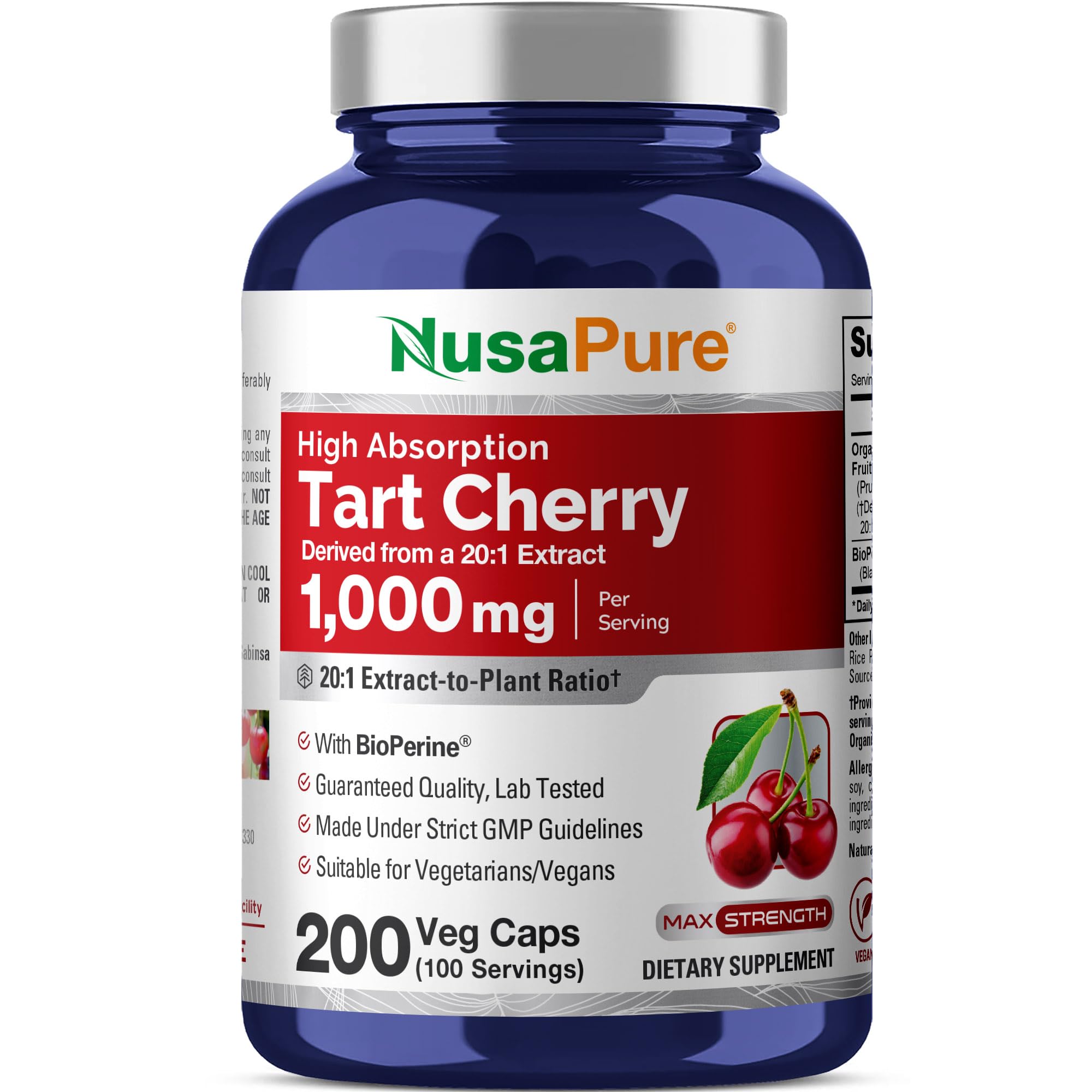 NusaPure Cápsulas de Cereza Ácida, botella frontal, presentación práctica.