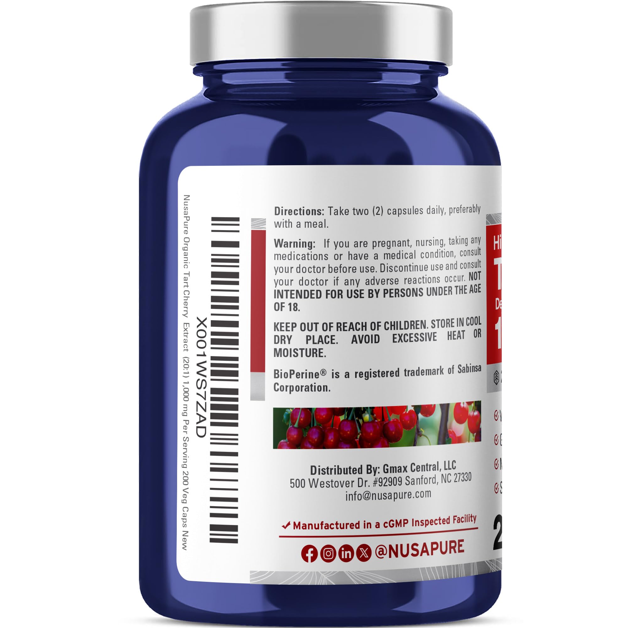 NusaPure Cápsulas de Cereza Ácida, cápsulas dentro de la botella.