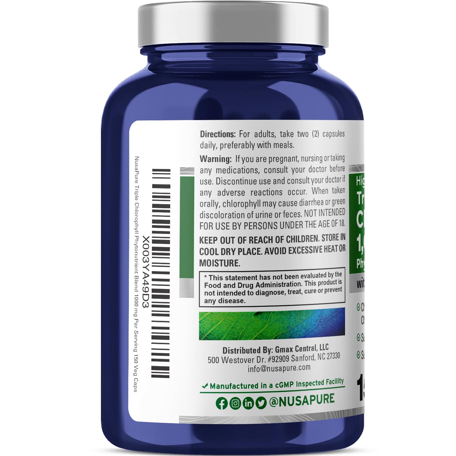 NusaPure cápsulas vegetales de clorofila triple para un estilo de vida activo
