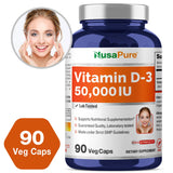 NusaPure cápsulas D3 50,000 UI primer plano de cápsulas vegetales.