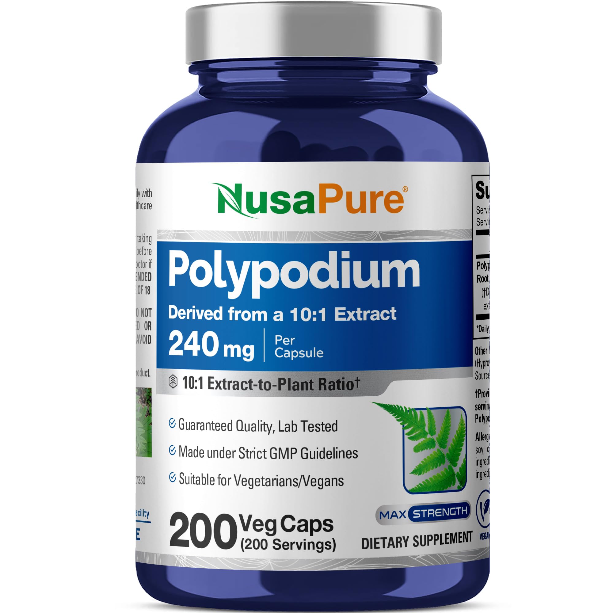 NusaPure cápsulas polypodium leucotomos, botella, apoyo para el cuidado diario de la piel.