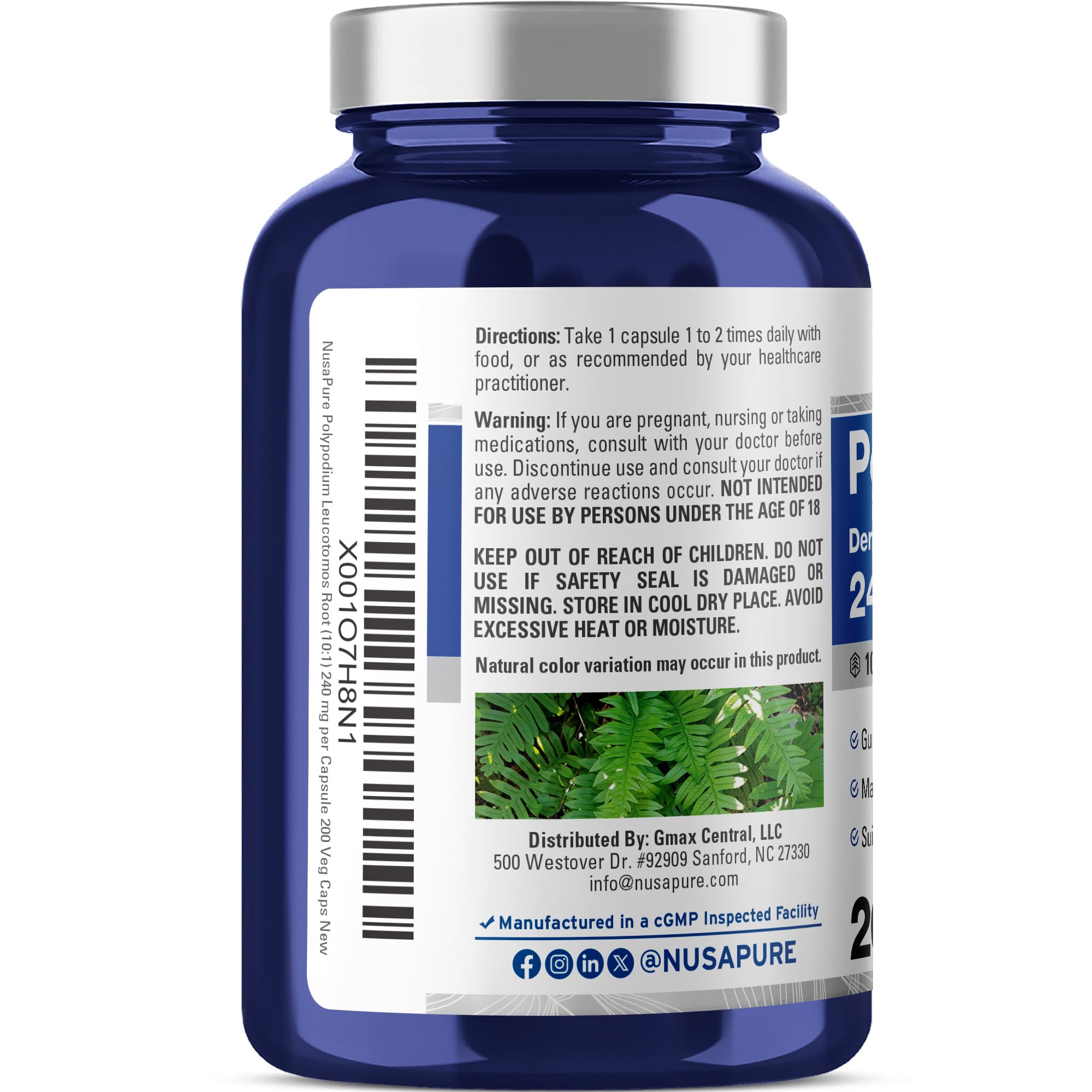NusaPure cápsulas polypodium leucotomos, frasco visible, uso diario compatible con estilo de vida vegano.