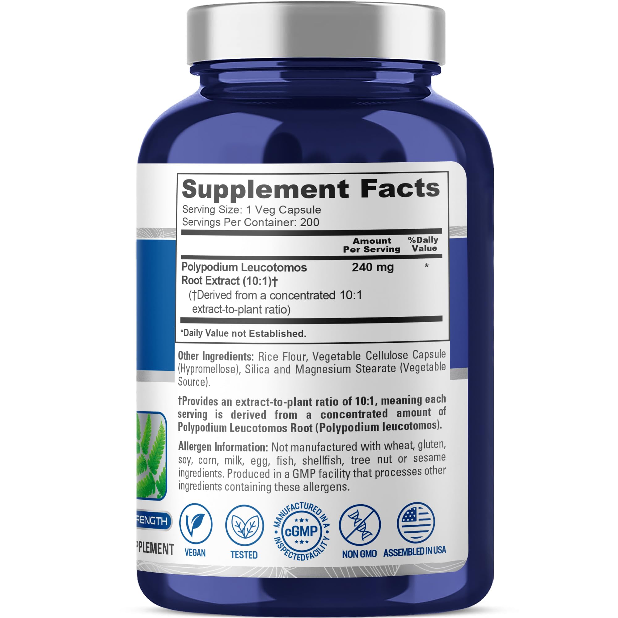 NusaPure polypodium leucotomos, etiqueta clara que destaca una formulación simple.