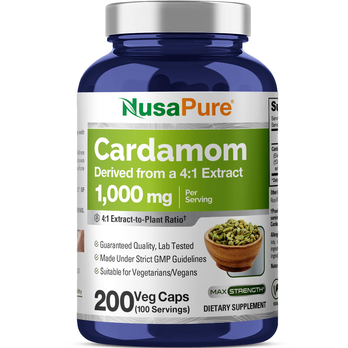 NusaPure Cardamomo cápsulas 1000 mg en bote de 200 para uso diario.