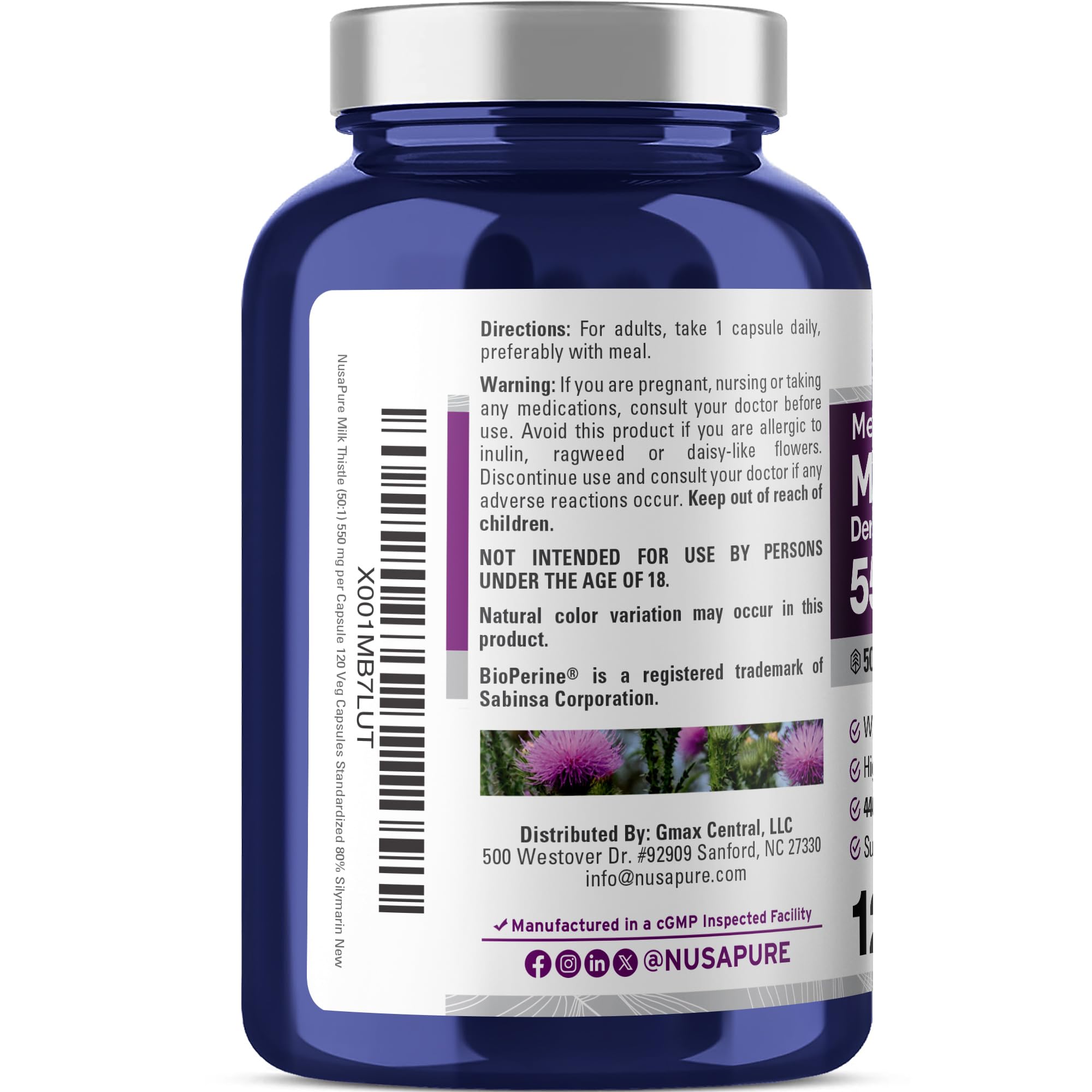 NusaPure Cardo Mariano cápsulas 550 mg, cápsulas fáciles de tragar.