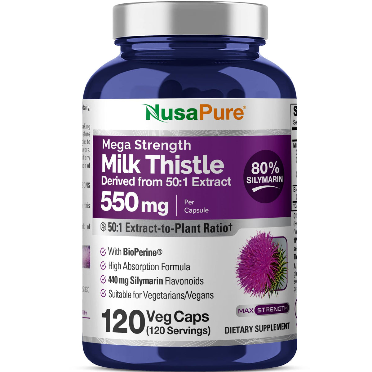 NusaPure Cardo Mariano cápsulas 550 mg, envase práctico para uso diario.