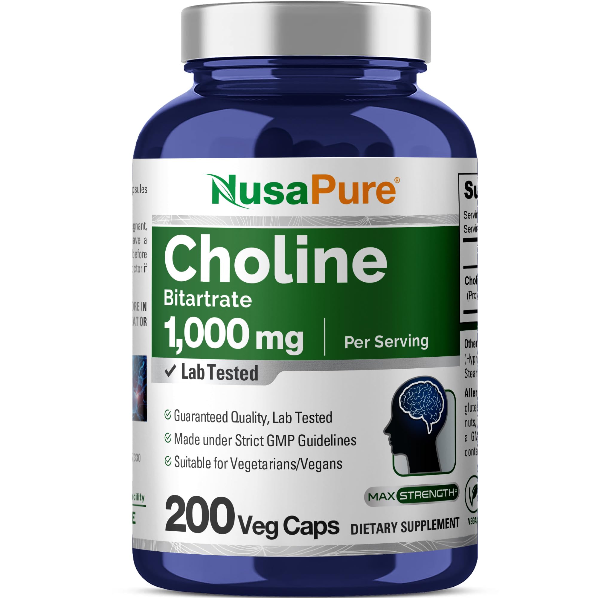 NusaPure Colina Bitartrato, botella 1000 mg, dosis diaria práctica