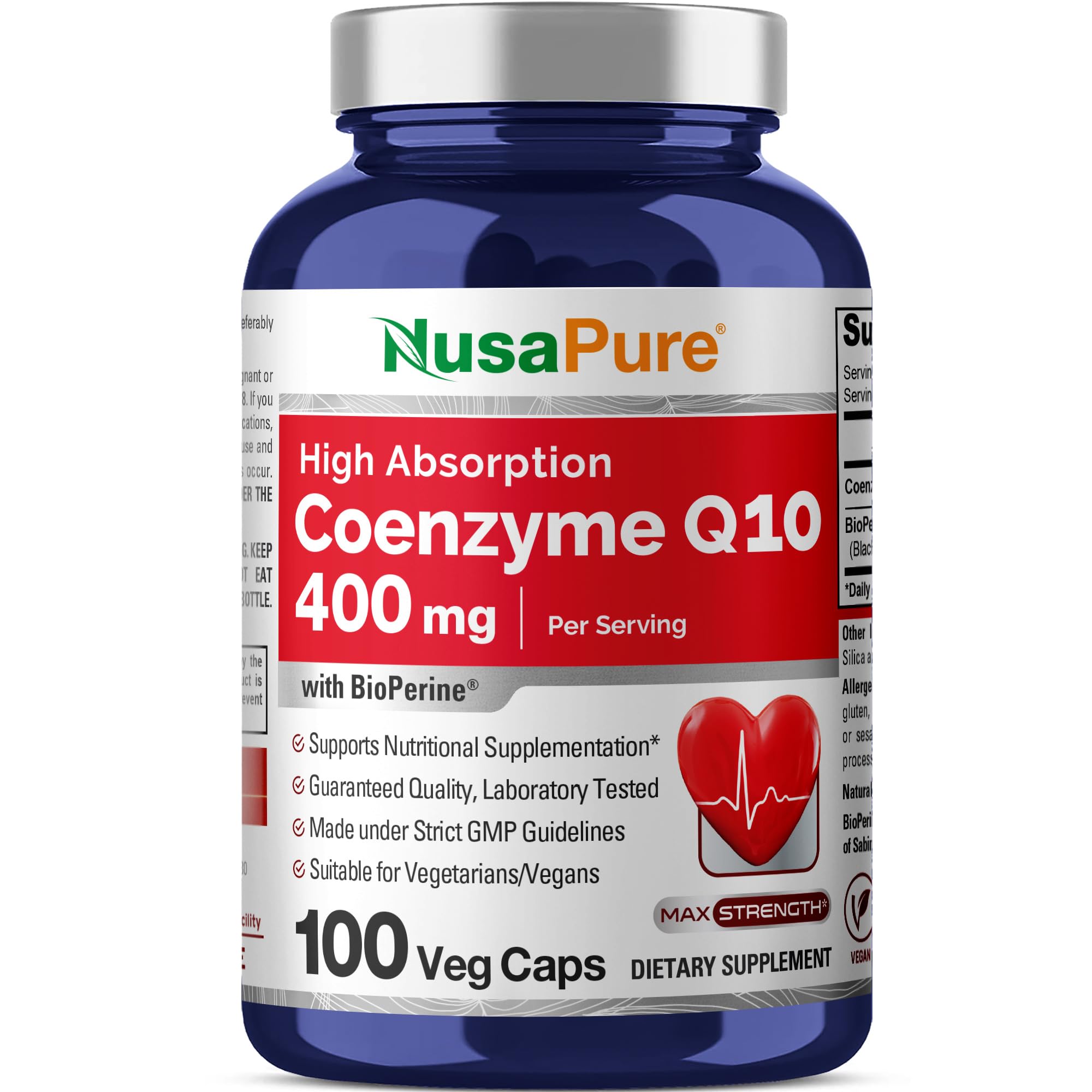 NusaPure CoQ10 400 mg en botella, ideal para uso diario