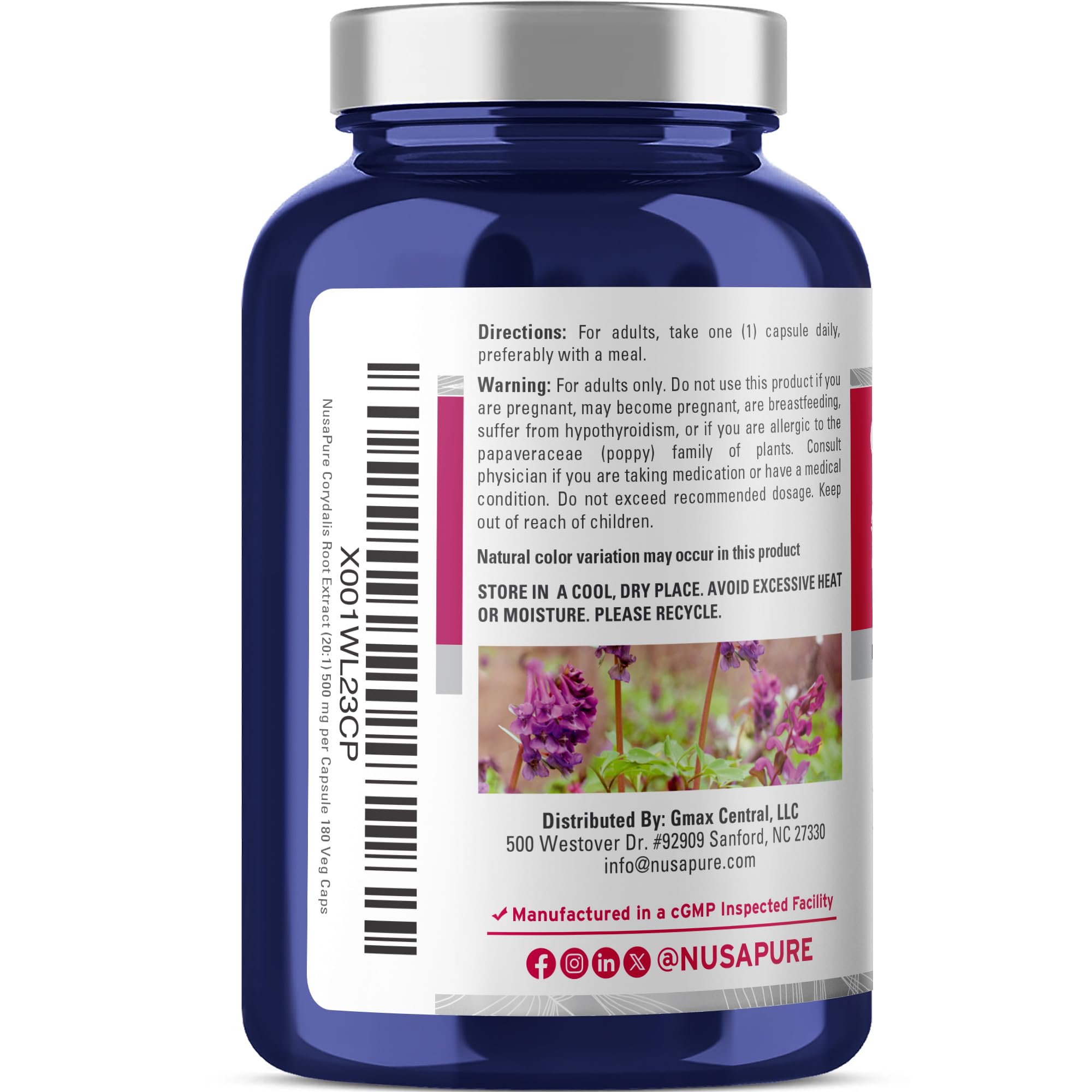 Etiqueta frontal de NusaPure Corydalis que resalta formula vegana y sin OGM