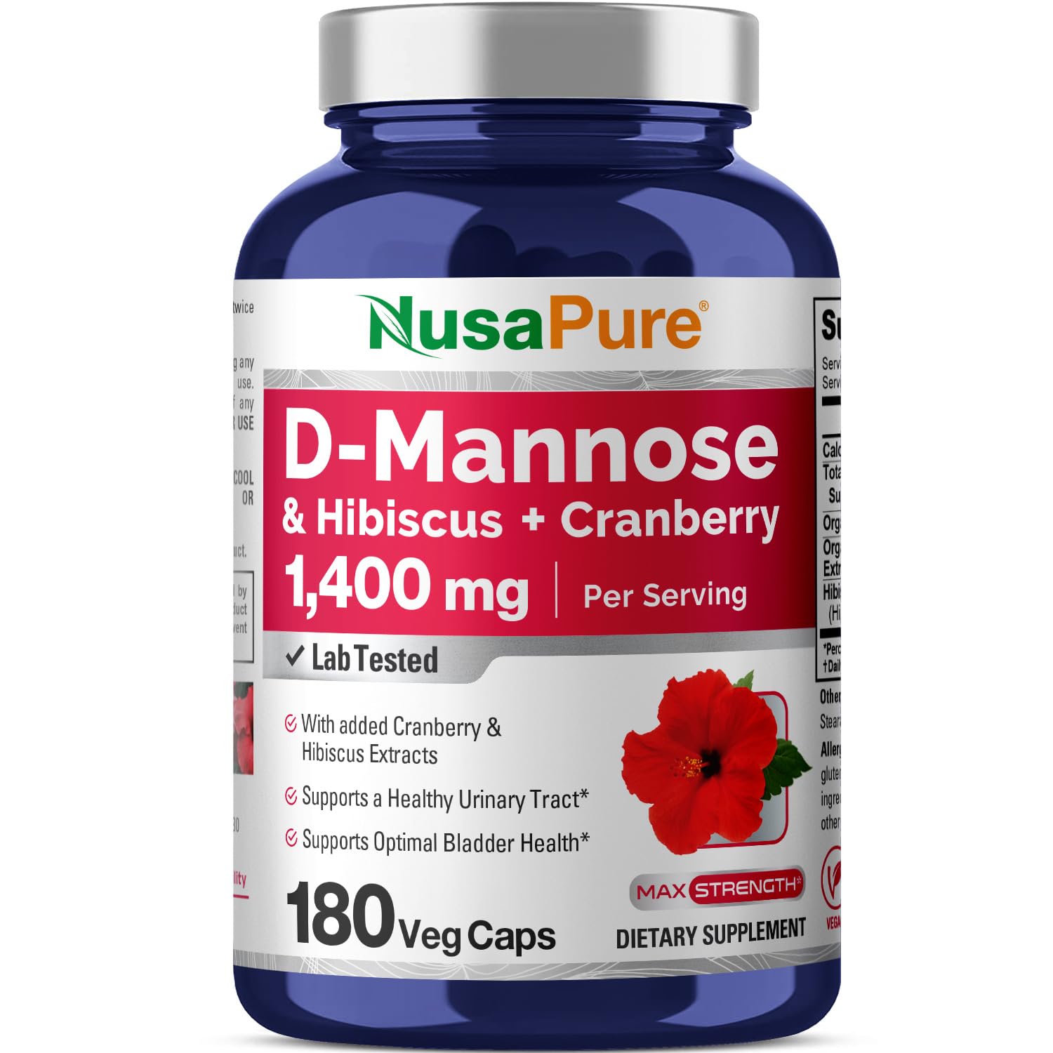 NusaPure D-Mannosa Complex, botella de 180 cápsulas, uso diario cómodo.