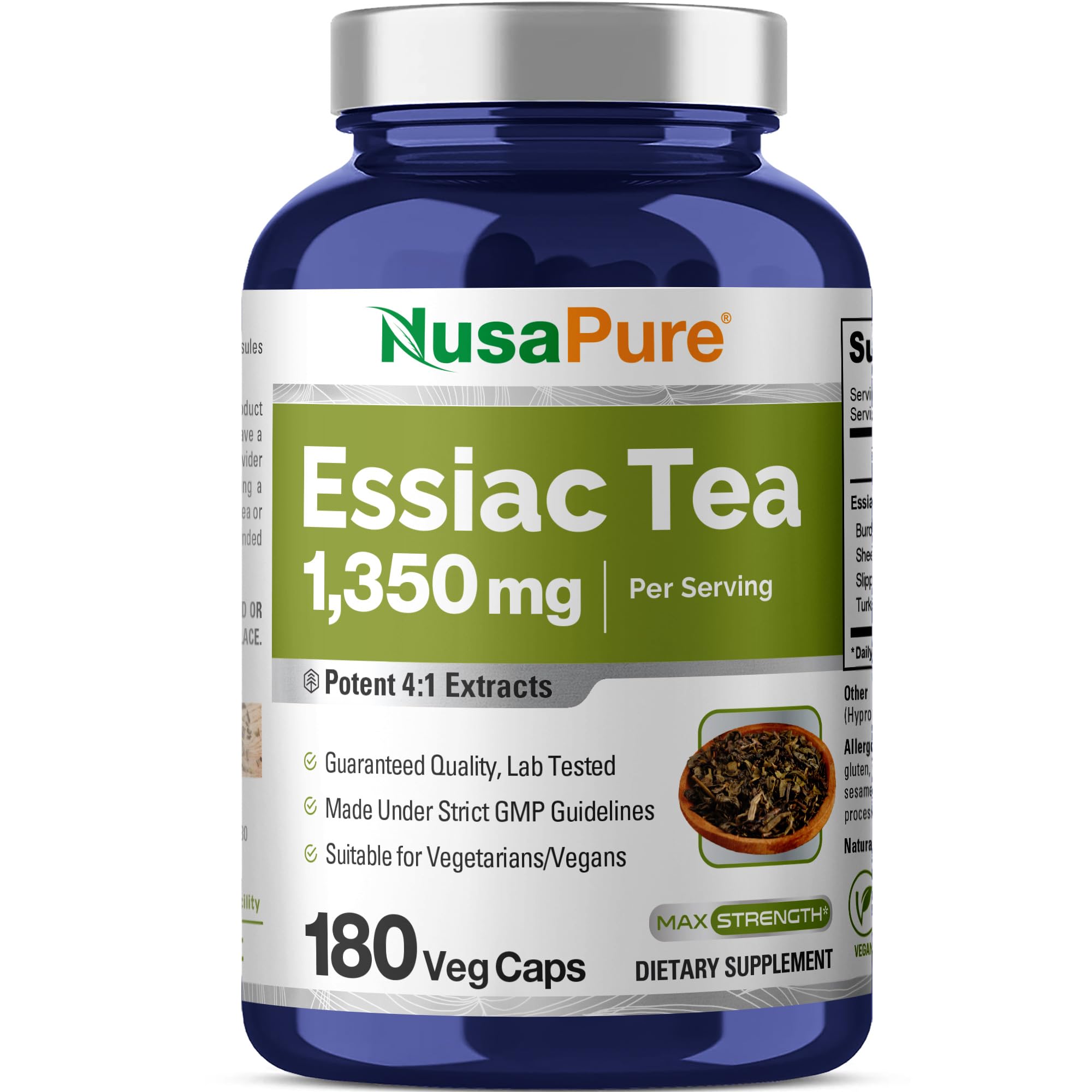 NusaPure Essiac Tea en botella frontal, ideal para la rutina diaria.