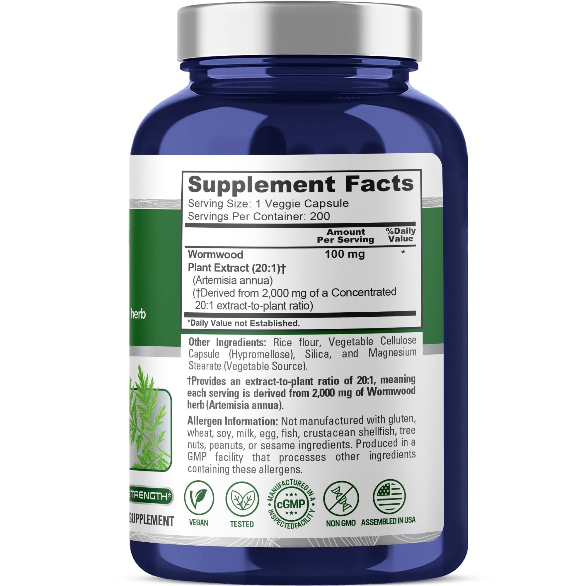 Etiqueta NusaPure Artemisa Annua, detalle claro de ingredientes de origen vegetal.