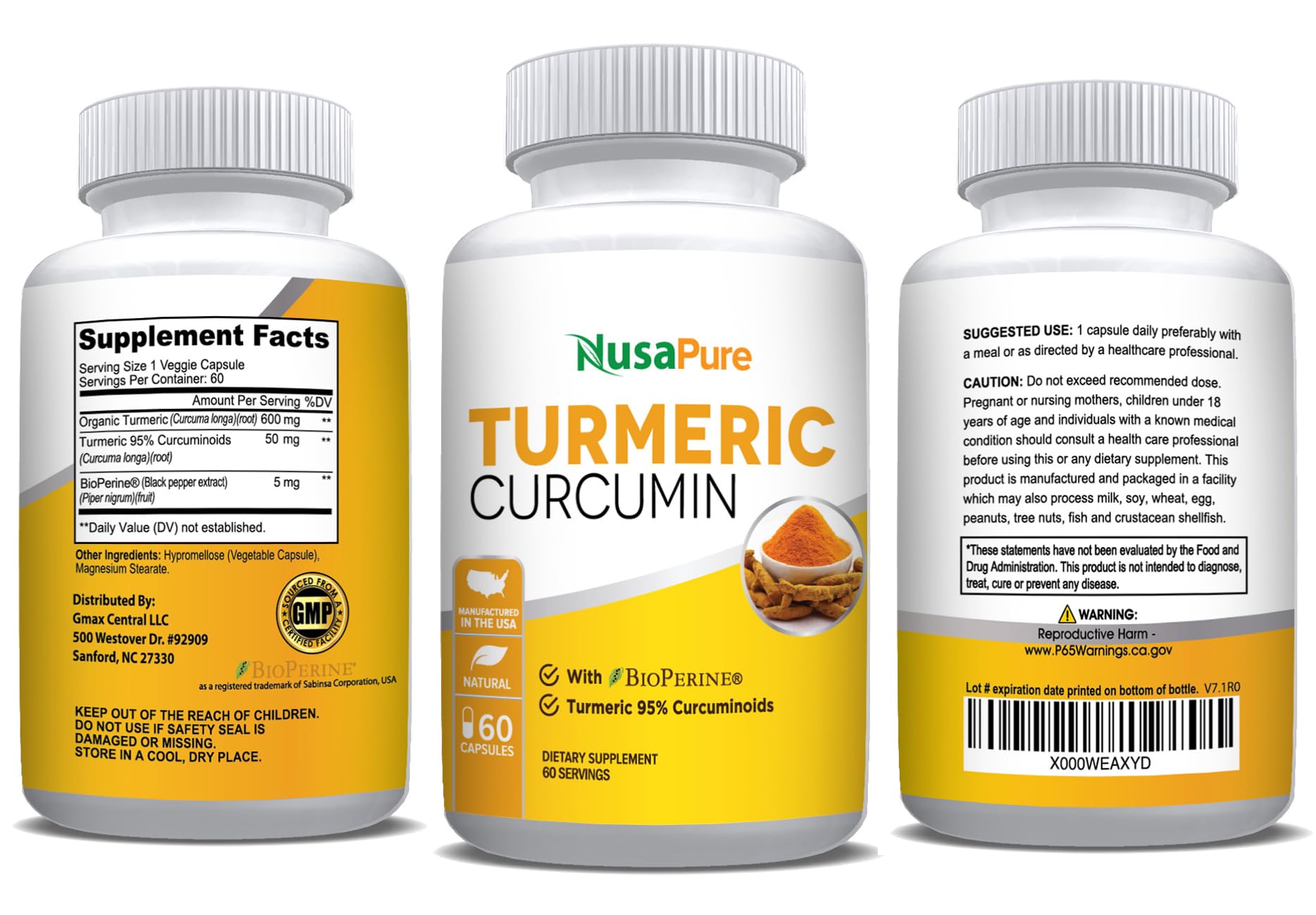 NusaPure etiqueta curcuminoides 95% con información de composición