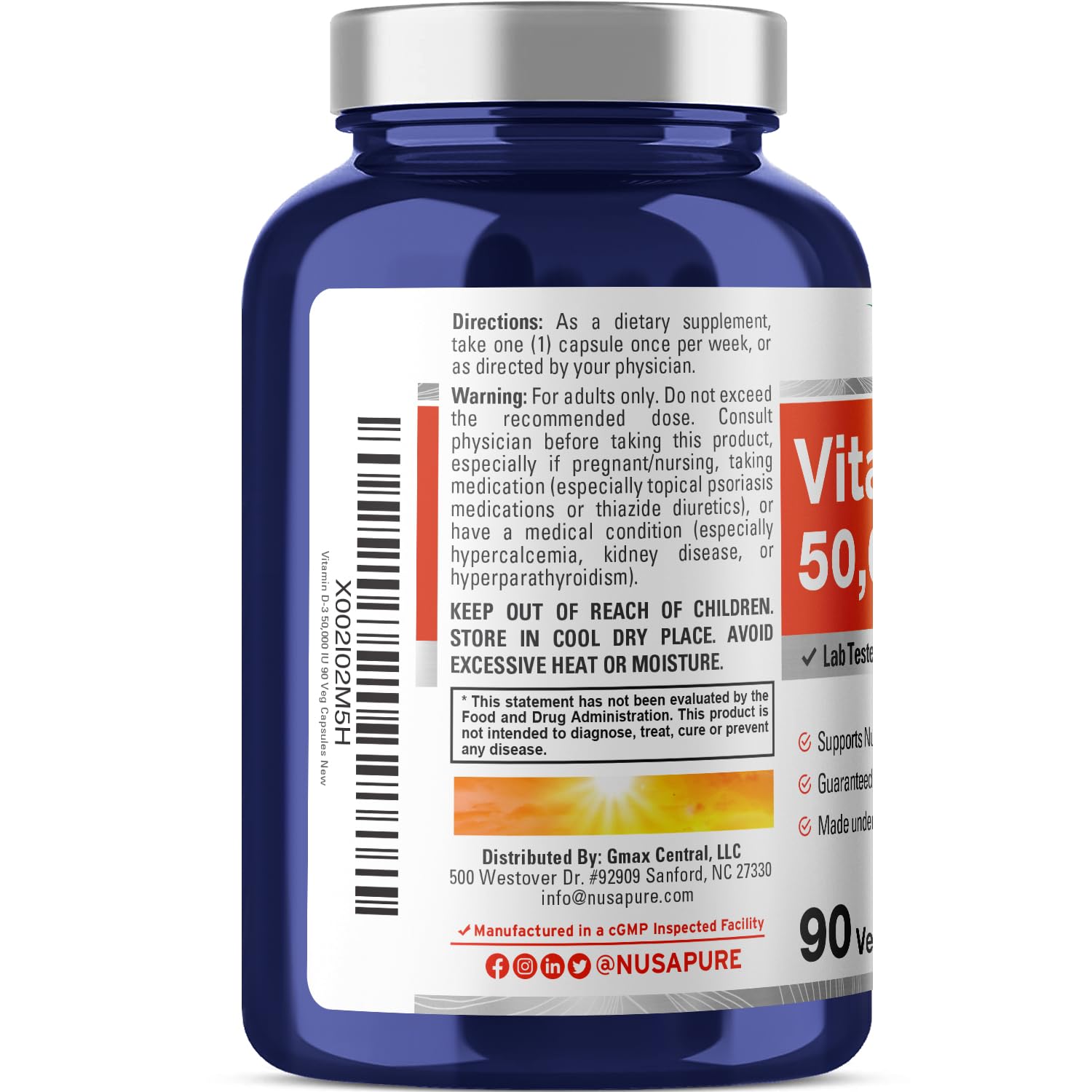 NusaPure etiqueta D3 50,000 UI destacando ingredientes de calidad.