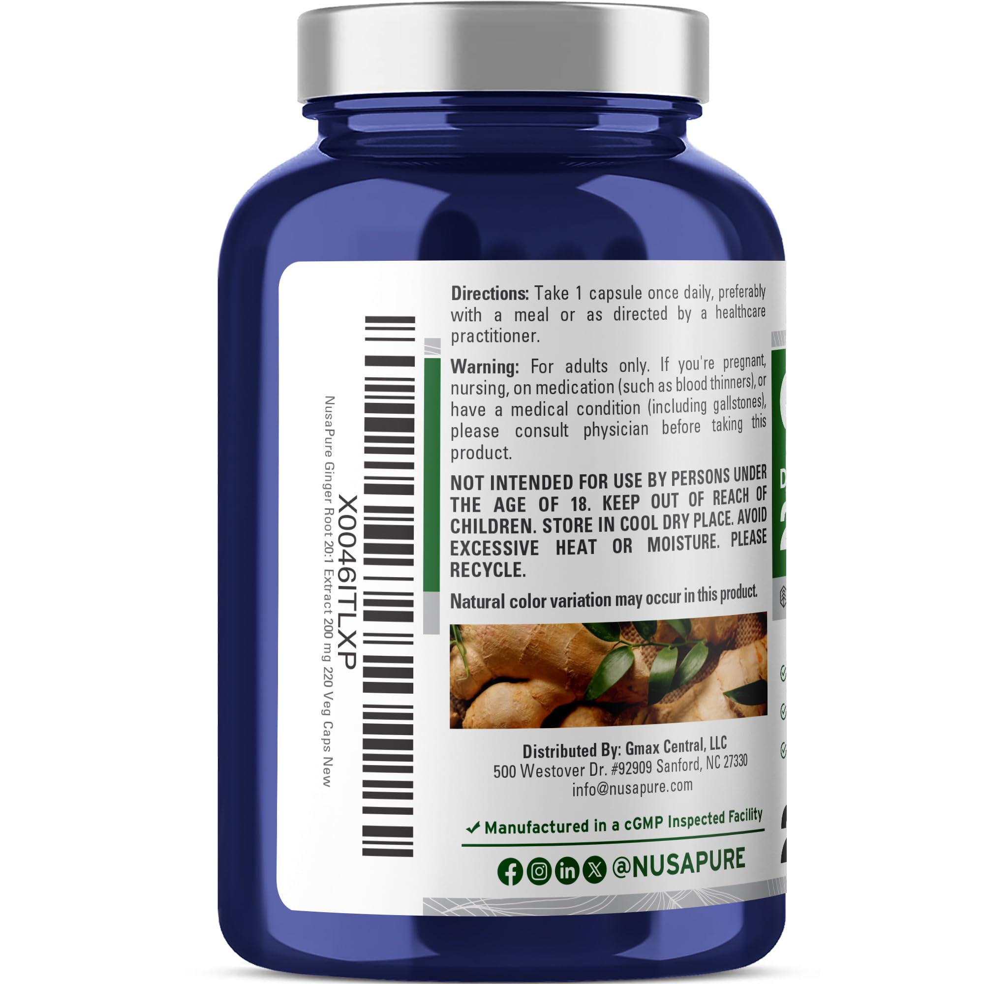 NusaPure etiqueta de ingredientes, muestra calidad y cumplimiento de normas cGMP.