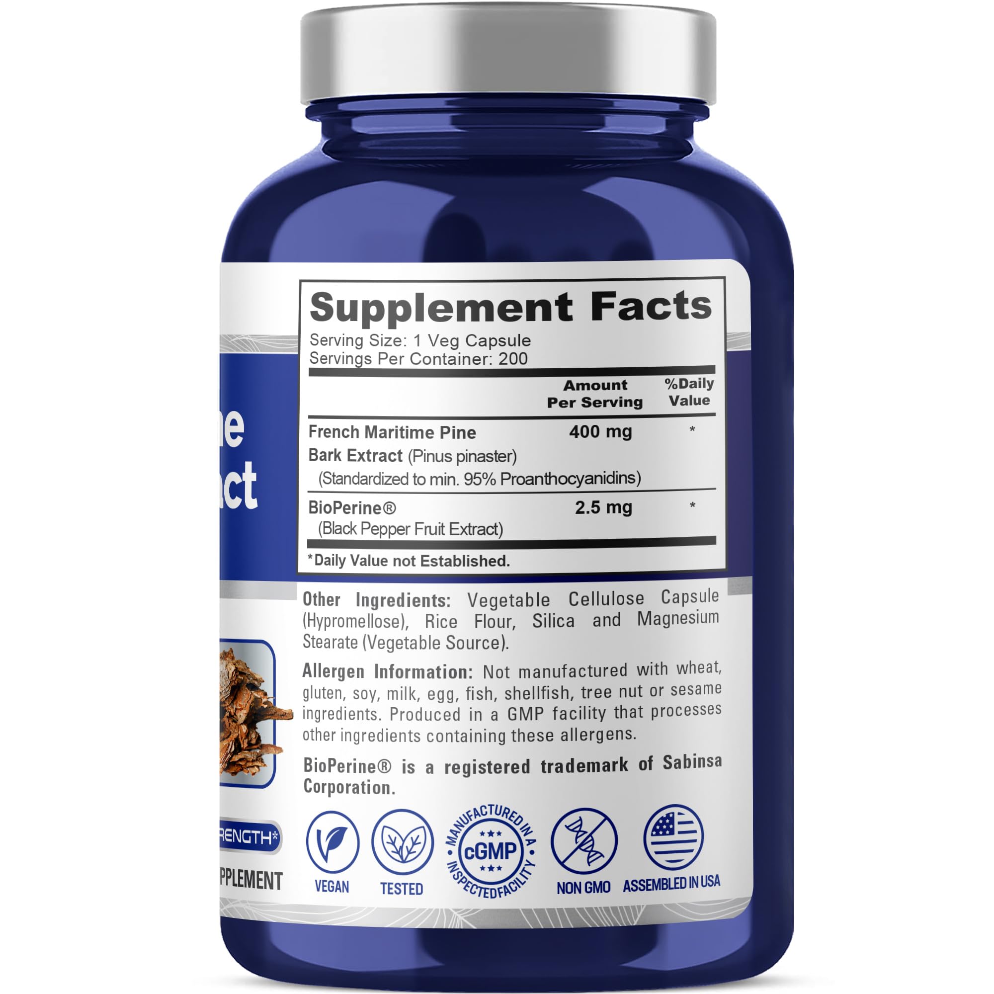 NusaPure extracto corteza pino marítimo francés, botella frente, cápsulas de 400 mg.