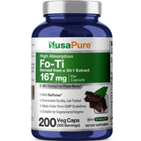 NusaPure Fo-Ti 30:1, botella con cápsulas, cómodo para uso diario vegano.
