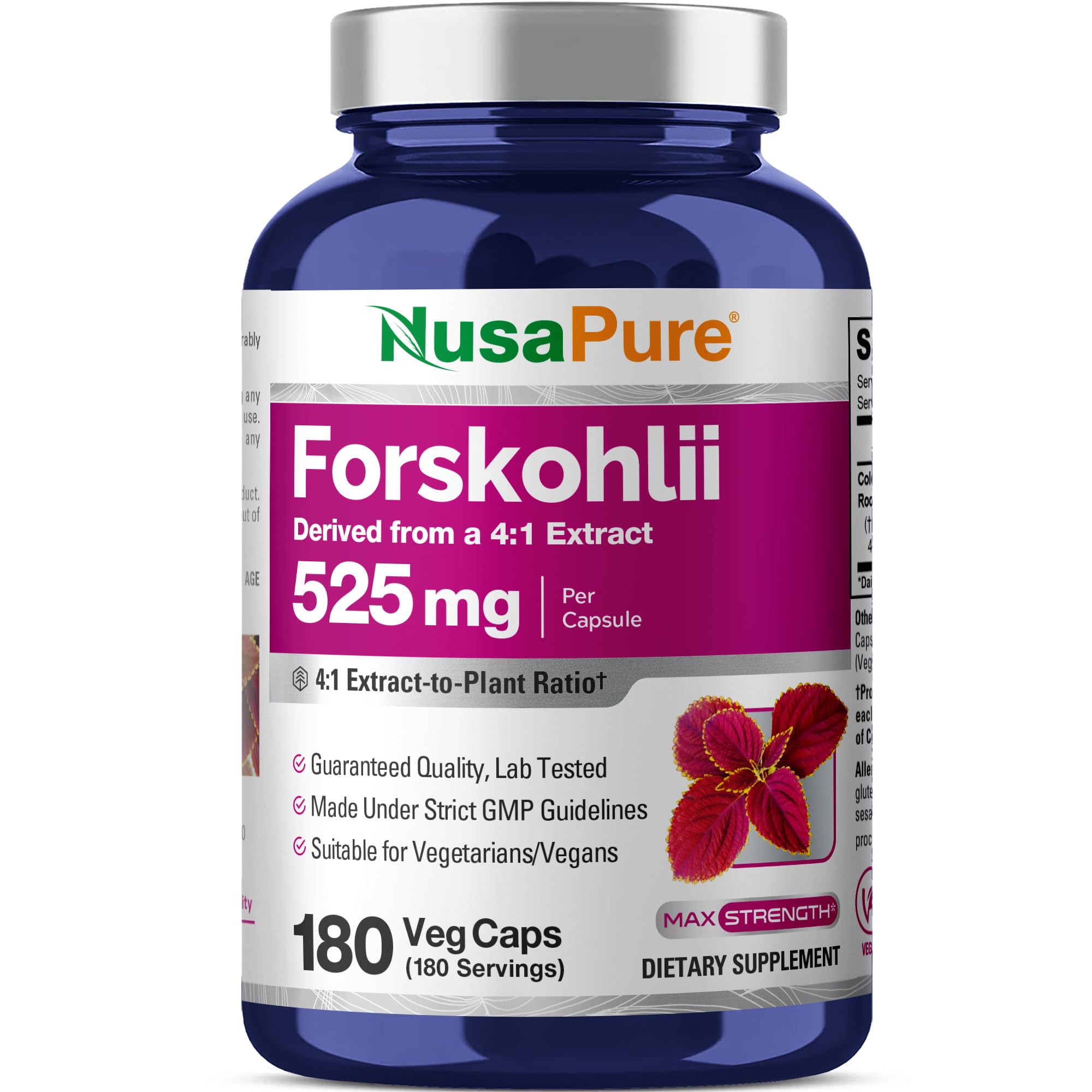NusaPure Forskohlii, botella de cápsulas de 525 mg para uso diario.