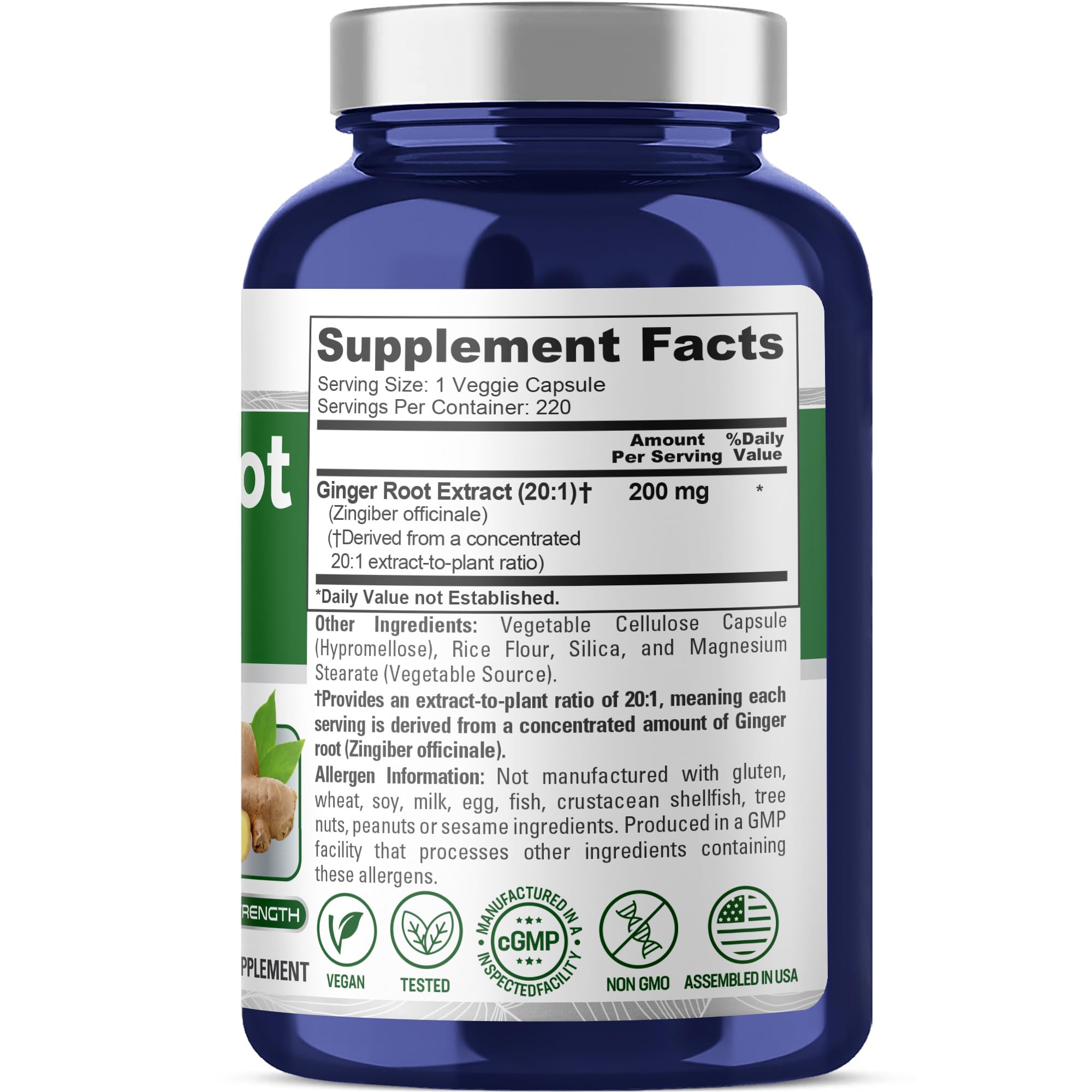 NusaPure frasco de cápsulas, jengibre 200 mg para dosis fácil.
