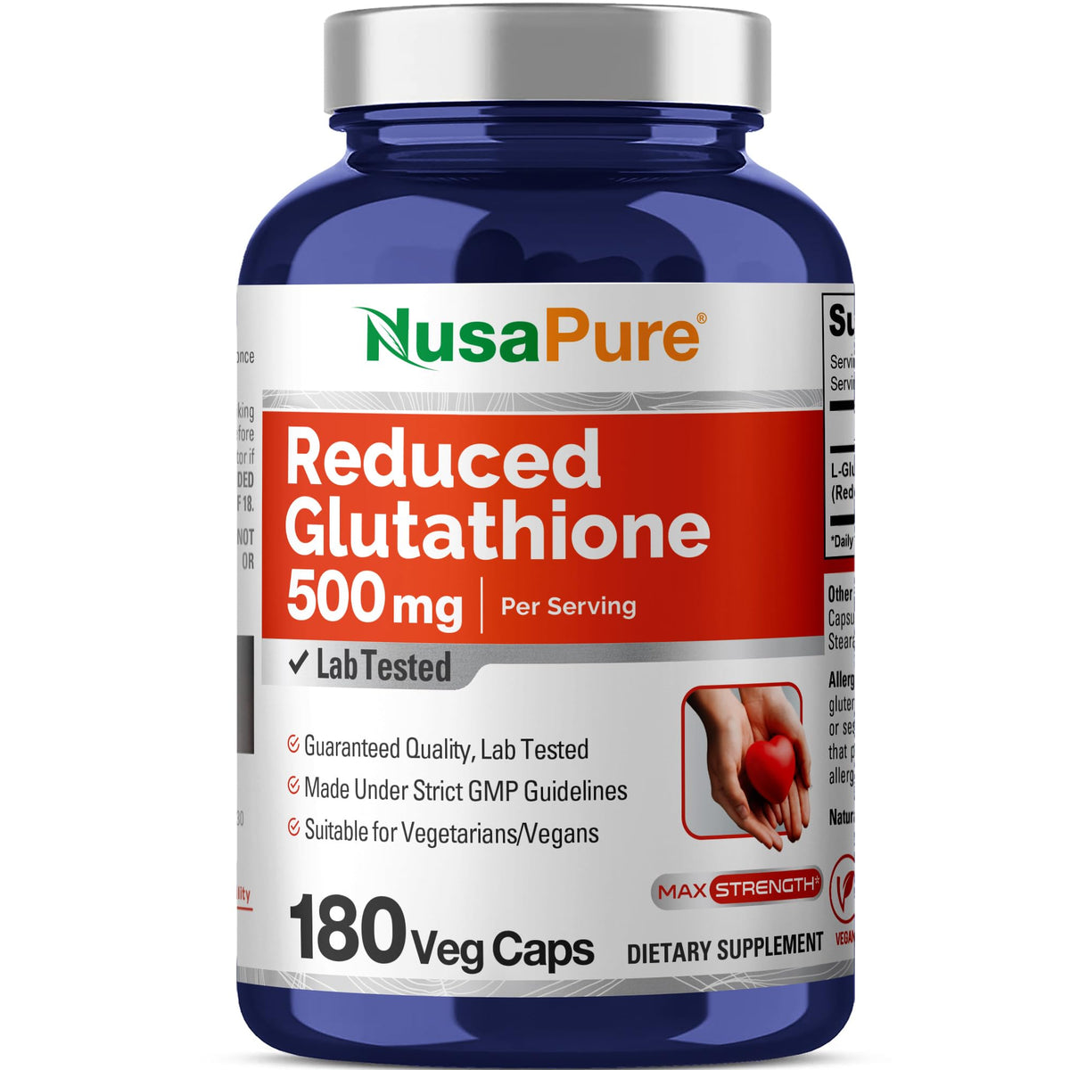 NusaPure Glutation Reducido 500 mg en botella, complemento vegano para uso diario.