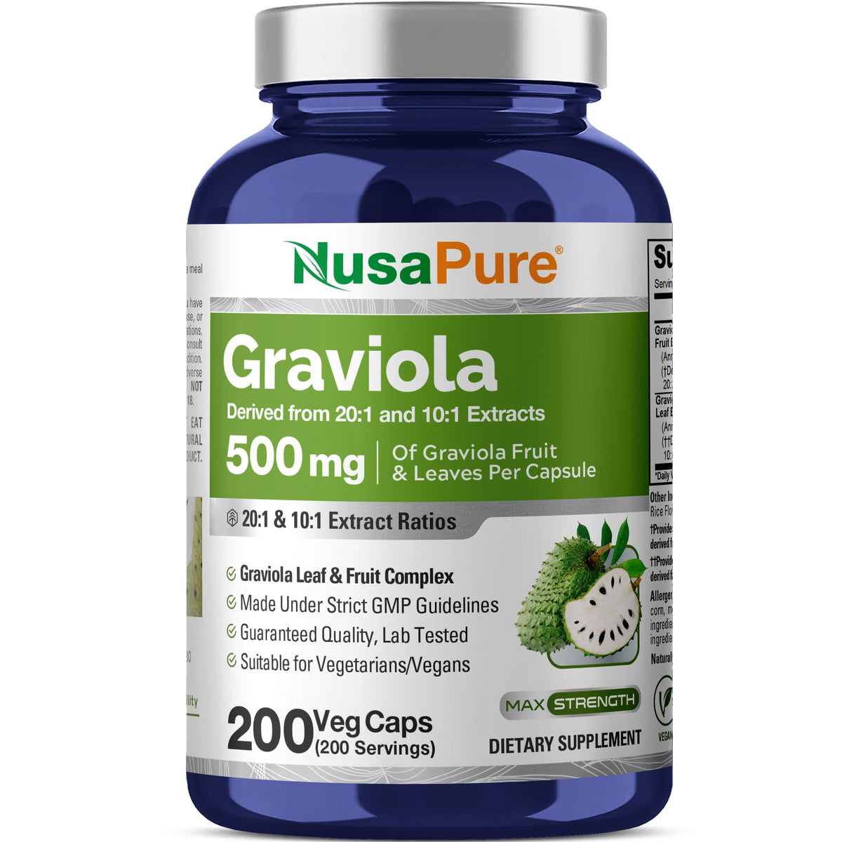 NusaPure Graviola en frasco: 500 mg por cápsula para uso diario vegano.