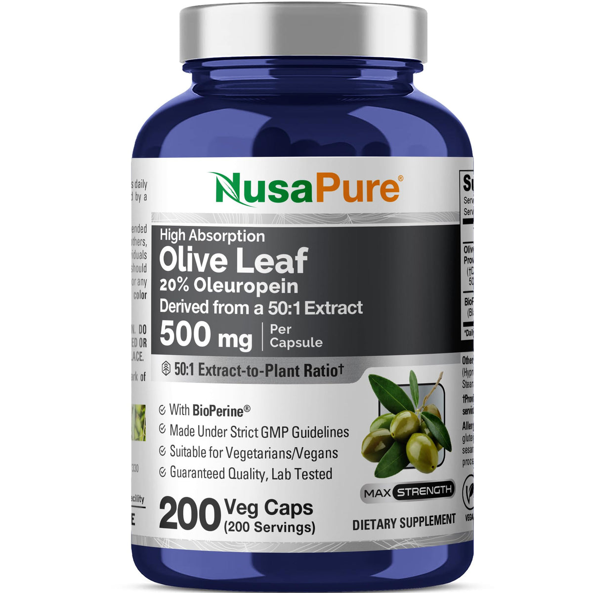 NusaPure Hojas de Olivo cápsulas 500 mg para apoyo diario.