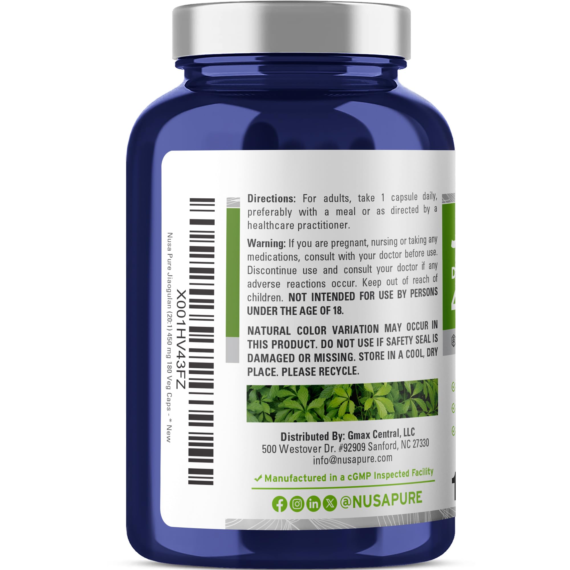 NusaPure Jiaogulan 180 cápsulas veganas en envase práctico.