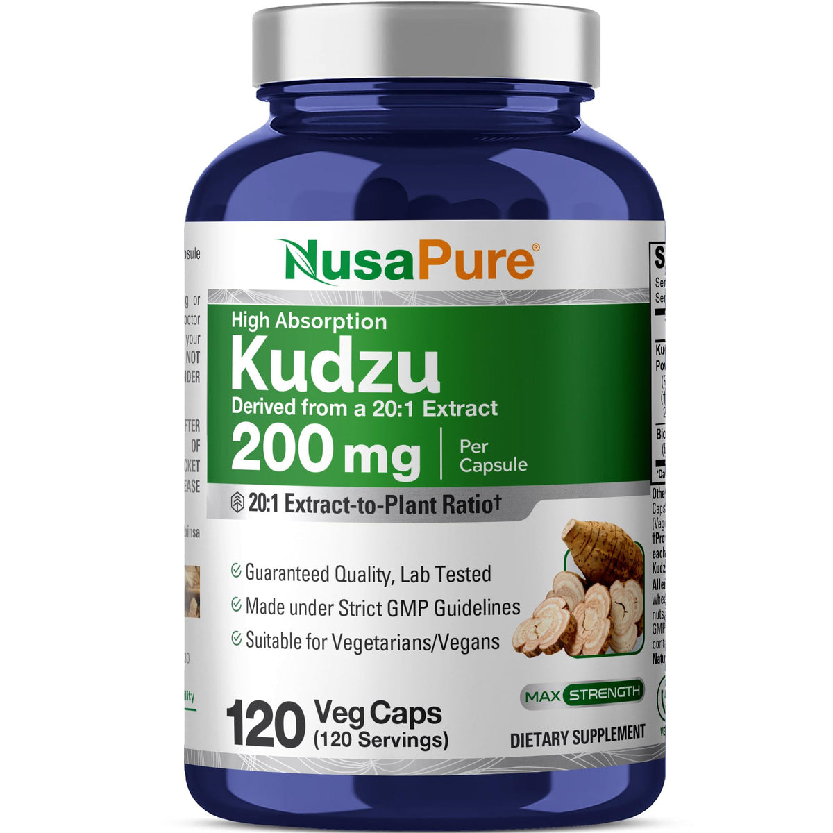 NusaPure Kudzu-raíz cápsulas; bote para uso diario con dosificación de 200 mg