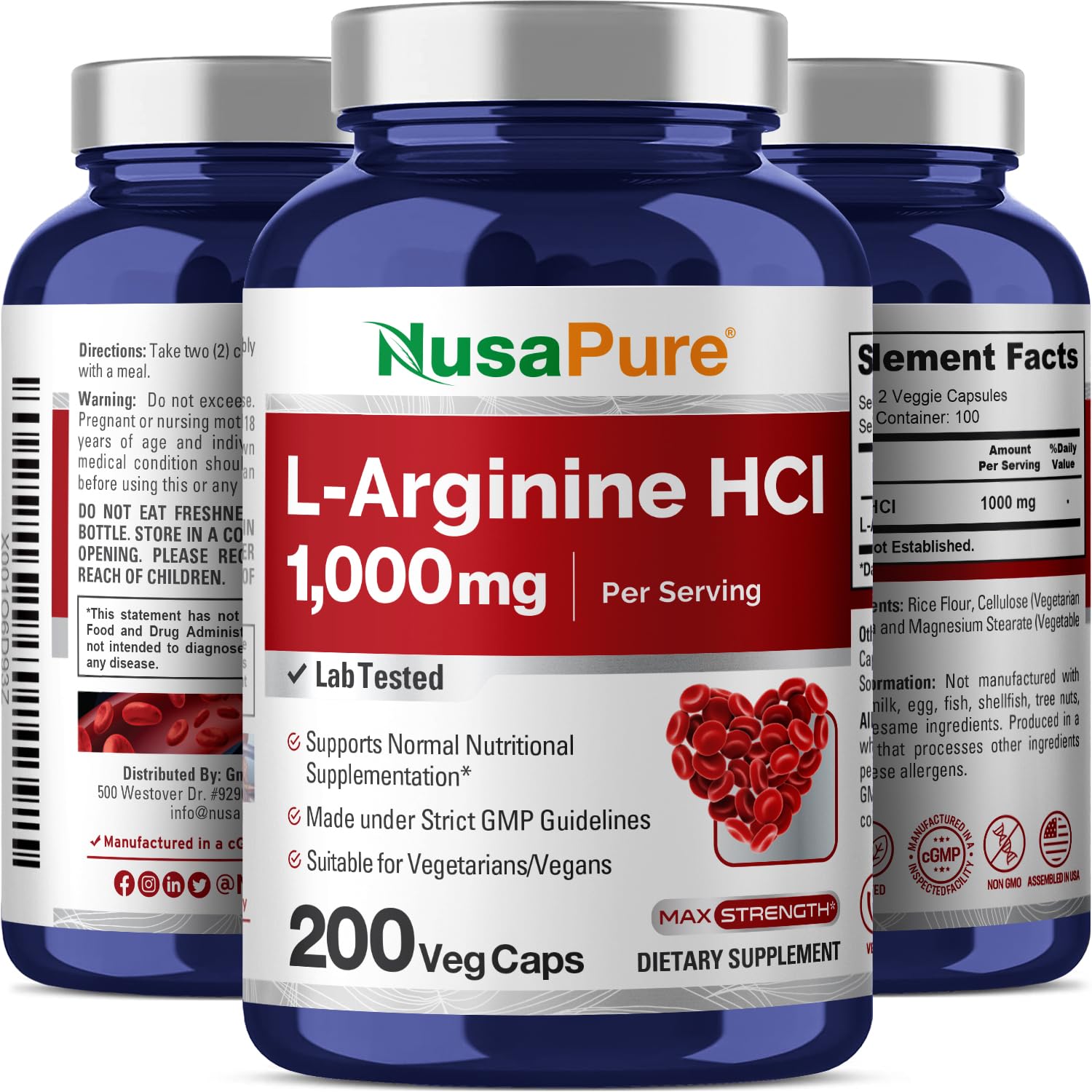 NusaPure L-Arginina: cápsulas vegetales en envase compacto para transporte