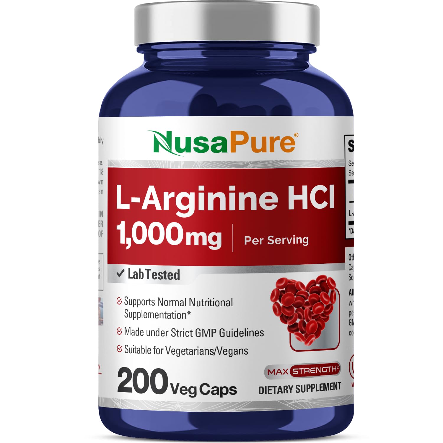 NusaPure L-Arginina: envase visible para consumo diario y aporte de 1000 mg