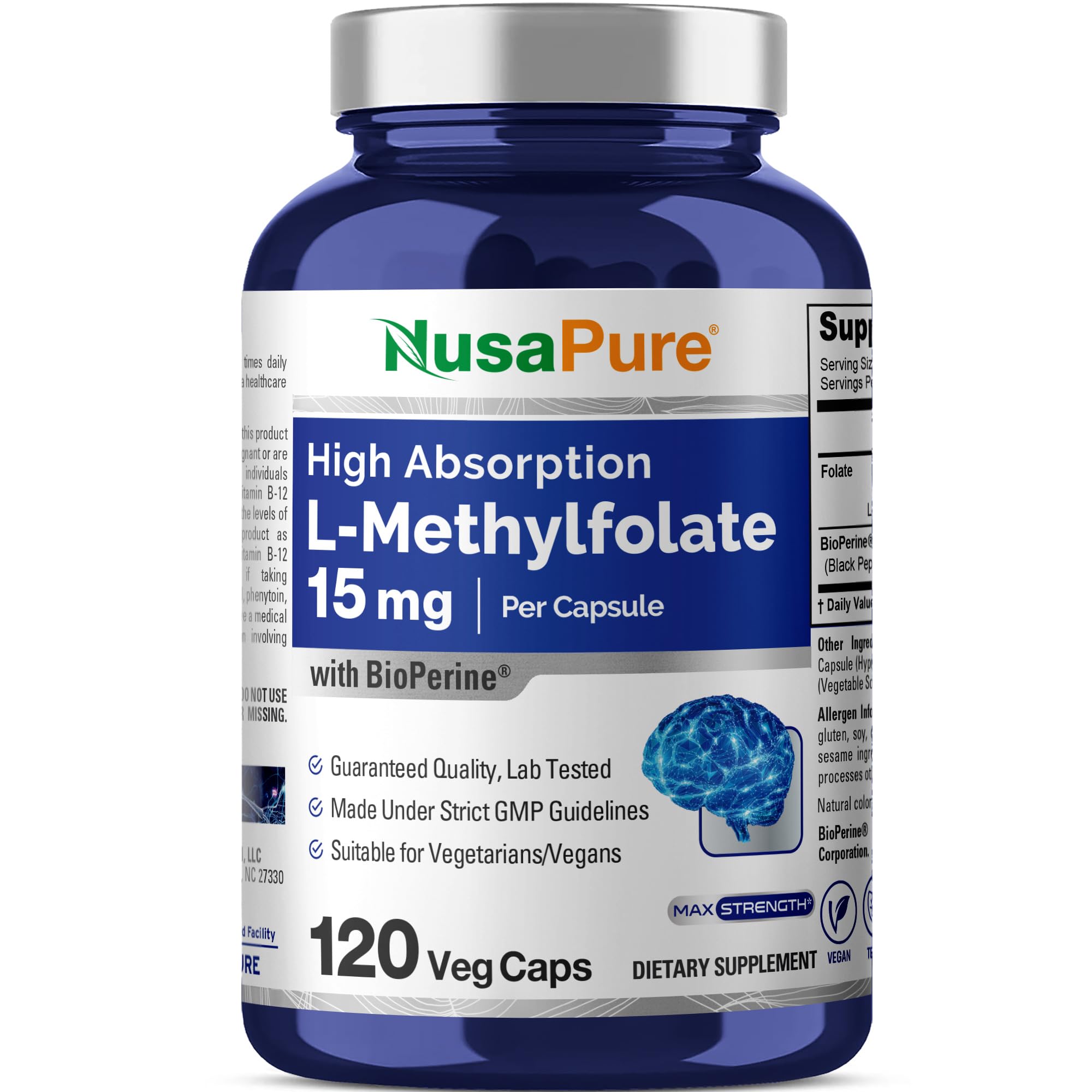 NusaPure L-metilfolato 15mg, botella de cápsulas para uso diario.