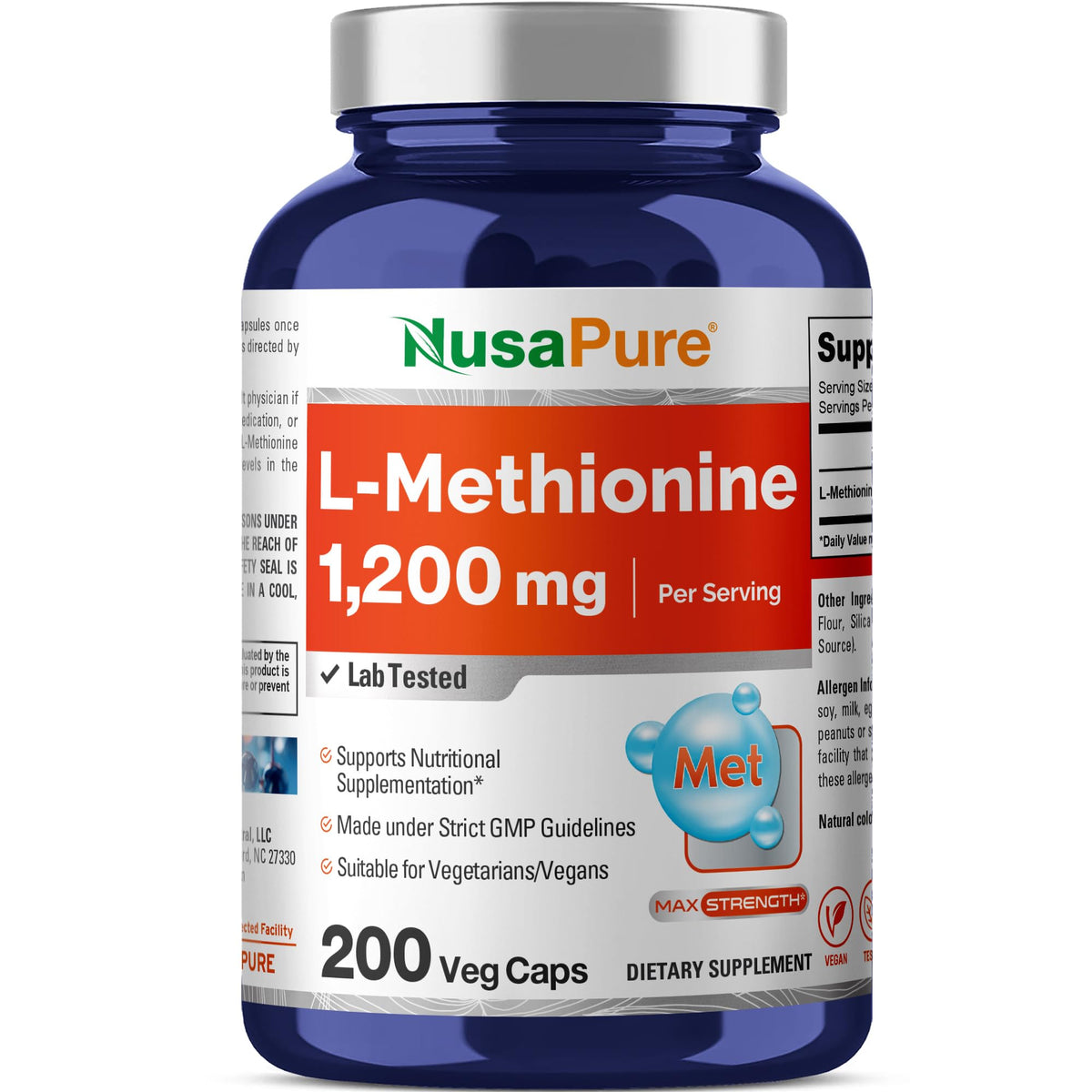 NusaPure L Metionina 1200 mg en cápsulas: presentación de 200 unidades