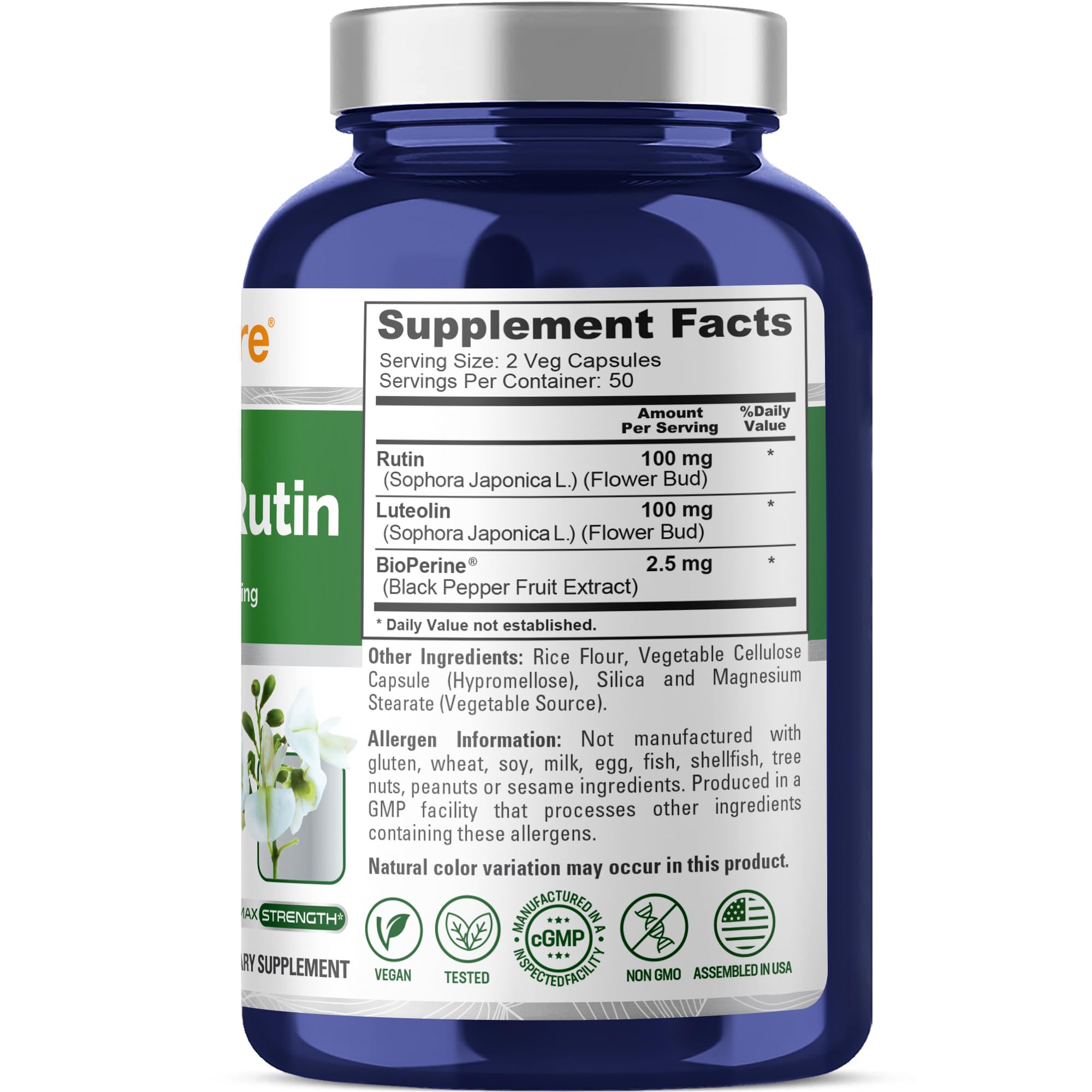 NusaPure Luteolin Complex: botella de 100 cápsulas para entrega conveniente.