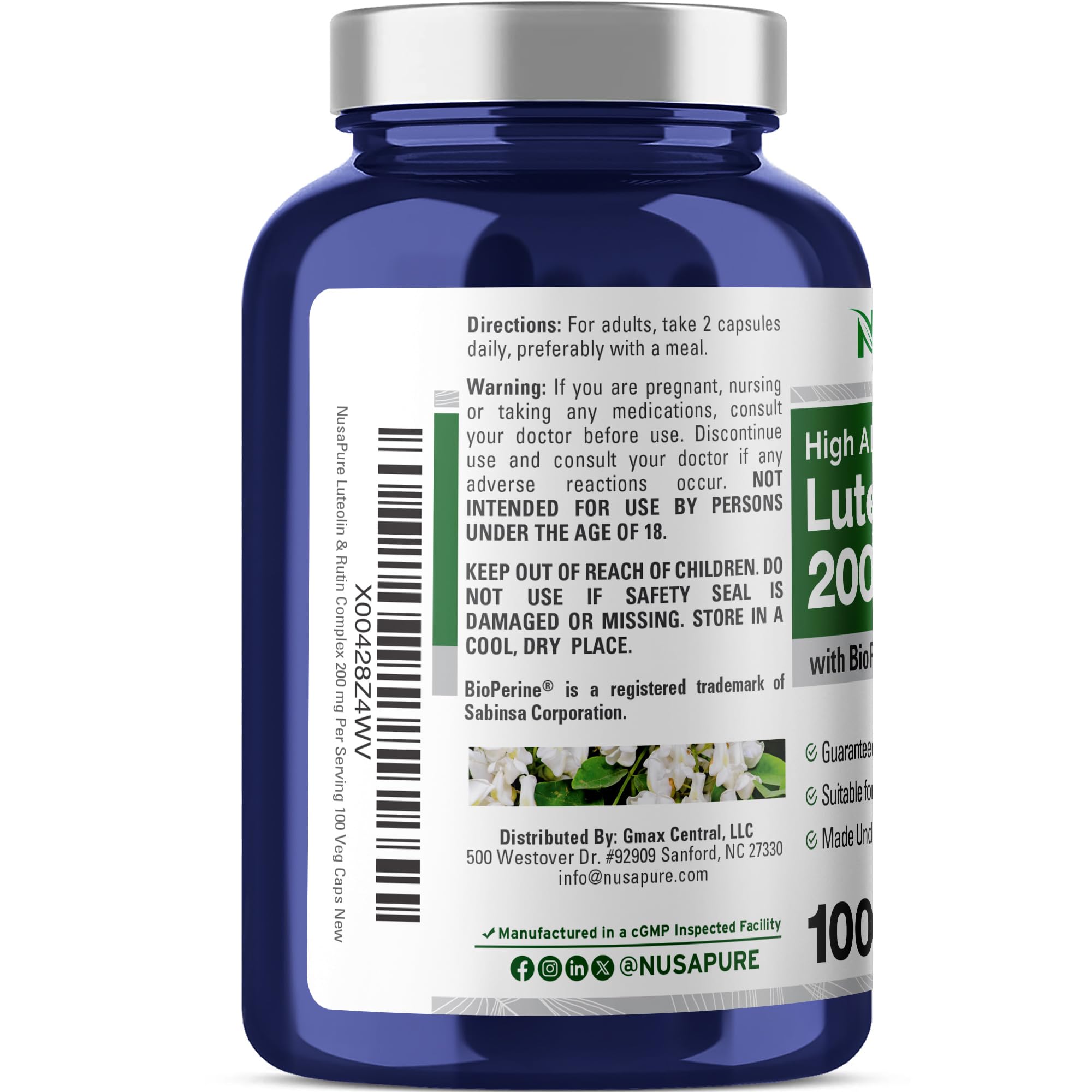 Etiqueta clara de NusaPure Luteolin Complex para identificar ingredientes.