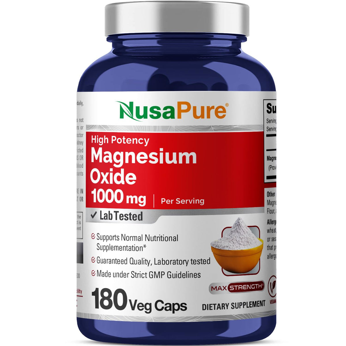 NusaPure Magnesio Óxido 1000 mg en cápsulas vegetales para suministro de 90 días